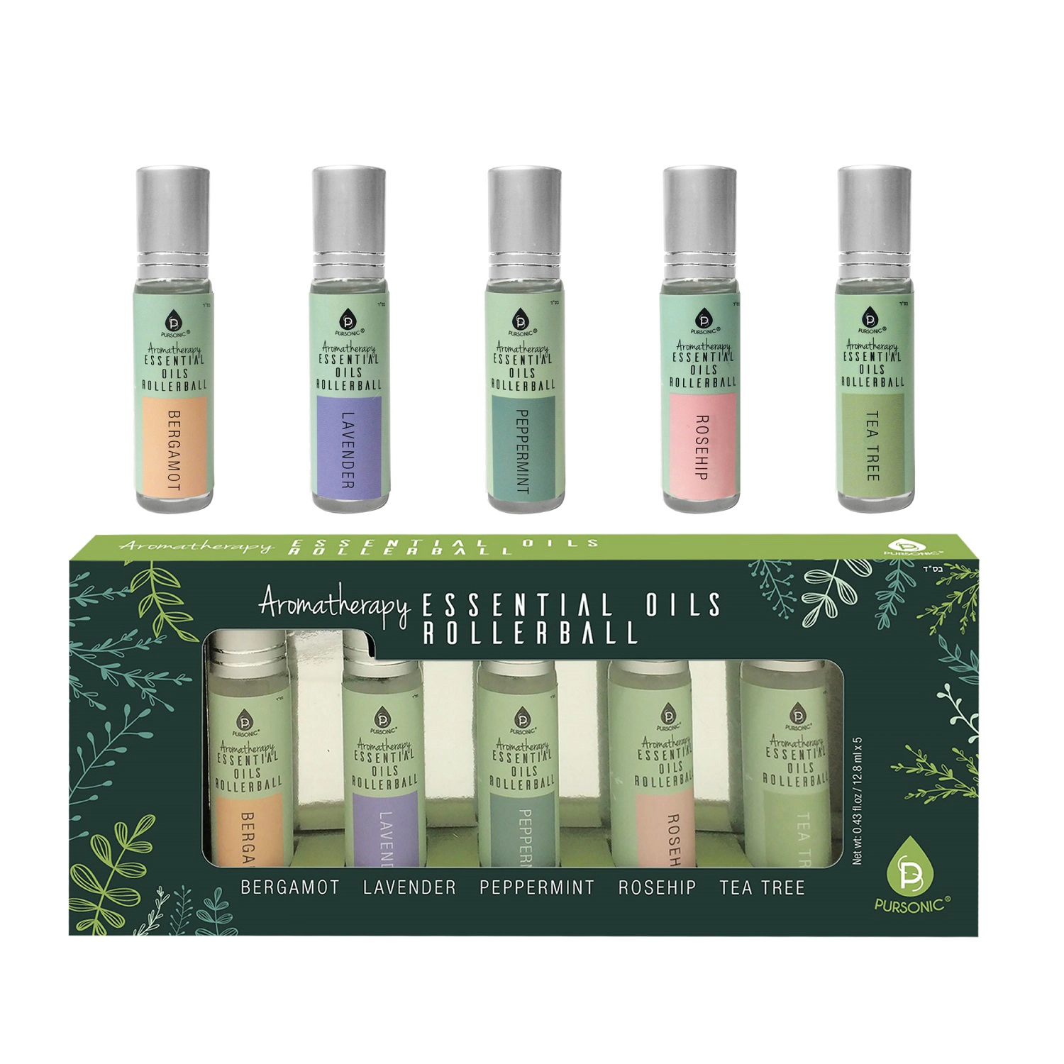 Pursonic Unisex Natural Aromatherapy Essential Oil Rollerball Wellness Set