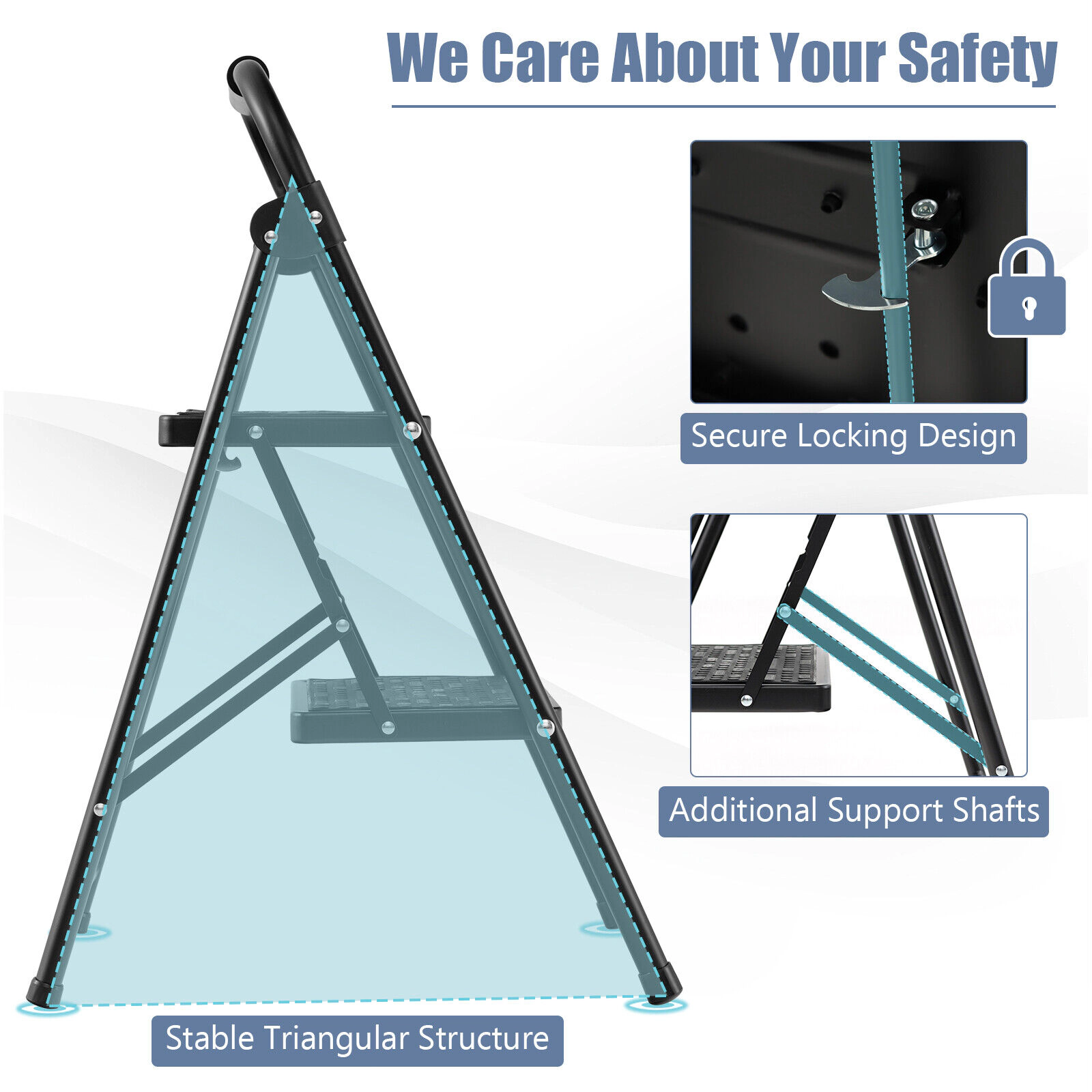SUGIFT Folding 2-Step Metal Ladder Step Stool EVA Padded Handle Anti-Slip 330-lb Capacity 12 x 8-in Pedals Black