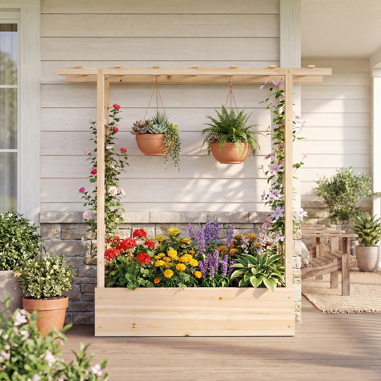 LJG 45 Inch Tall Wooden Raised Garden Bed with Side Trellis and Hanging Roof