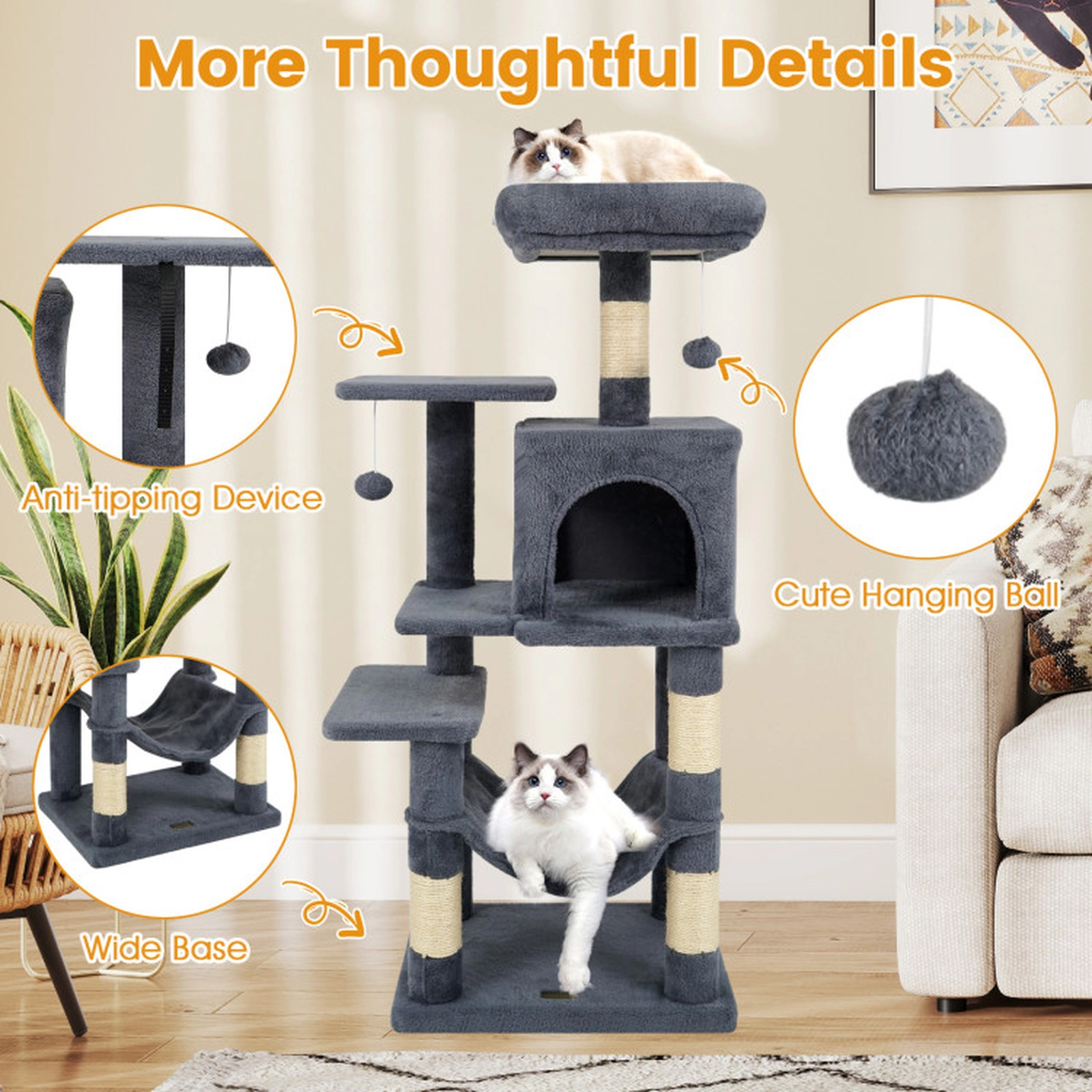 SUGIFT 44 -Level Cat Tower with 2-Door Condo Hammock and Padded Perch