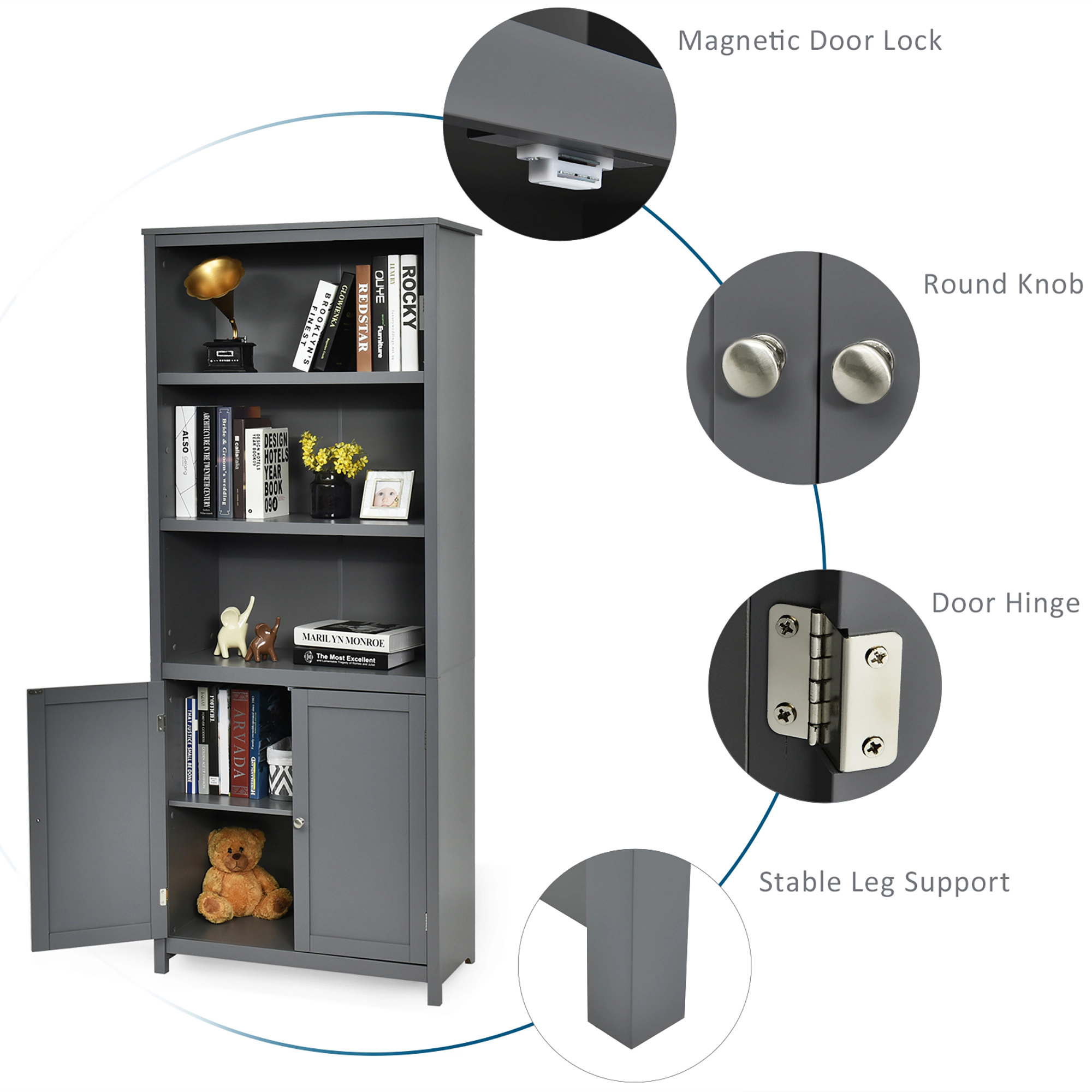 Costway Bookcase Shelving Storage Wooden Cabinet Unit Standing Bookcase W/Doors Gray