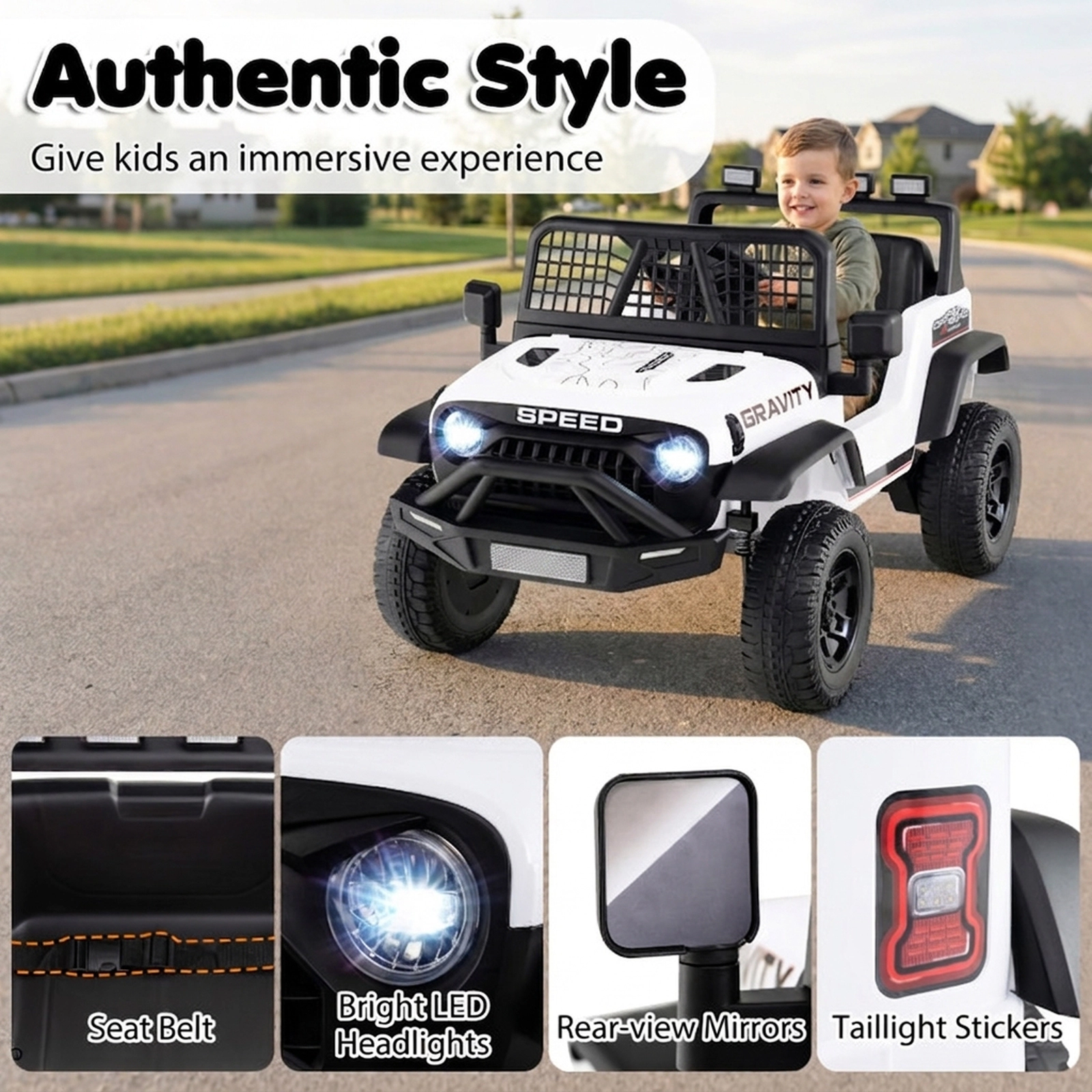 SUGIFT 24V White Kids Ride-On Car with Parent Remote Control 6 Songs and LED Headlights 38-in W 66-lb Rider