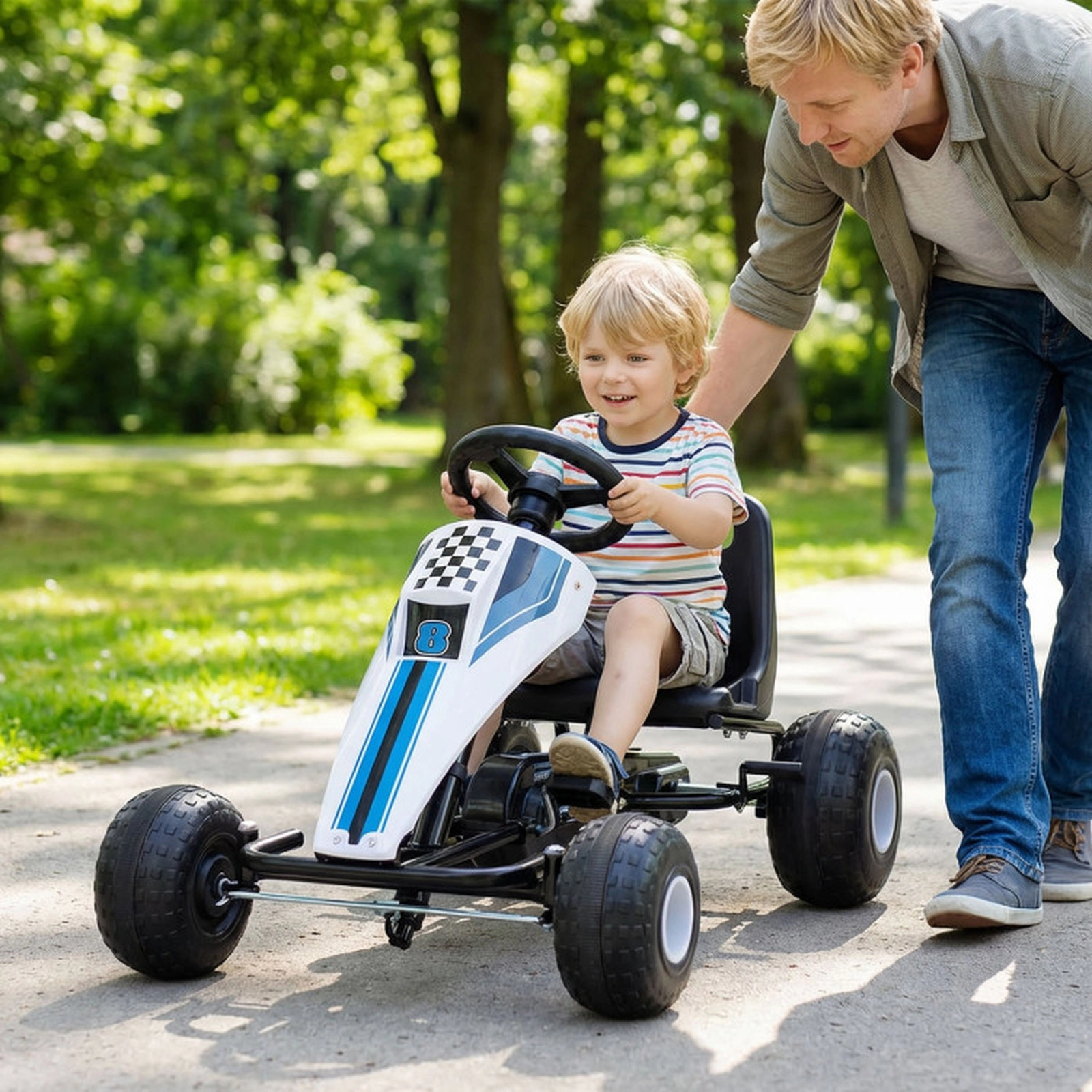 SUGIFT Adjustable Seat 4-Wheel Pedal Go Kart Ride-On Toy with Handbrake 77-lb Capacity Ages 3+ Pink/White