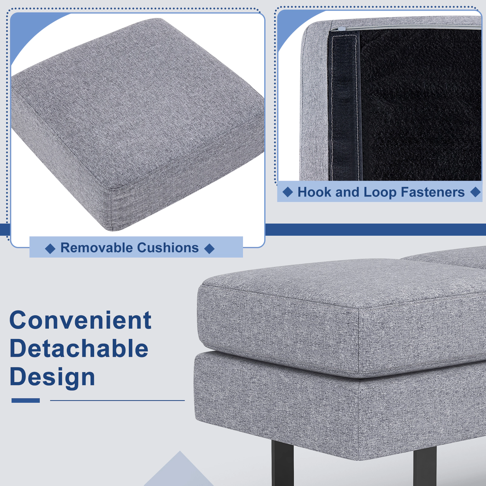 SUGIFT Waiting Room Bench Seating Long Bench with Metal Frame 660-Lb Capacity 3-Seat Faux Linen Cushion Gray/Black