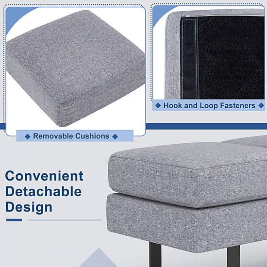 SUGIFT Waiting Room Bench Seating Long Bench with Metal Frame 660-Lb Capacity 3-Seat Faux Linen Cushion Gray/Black
