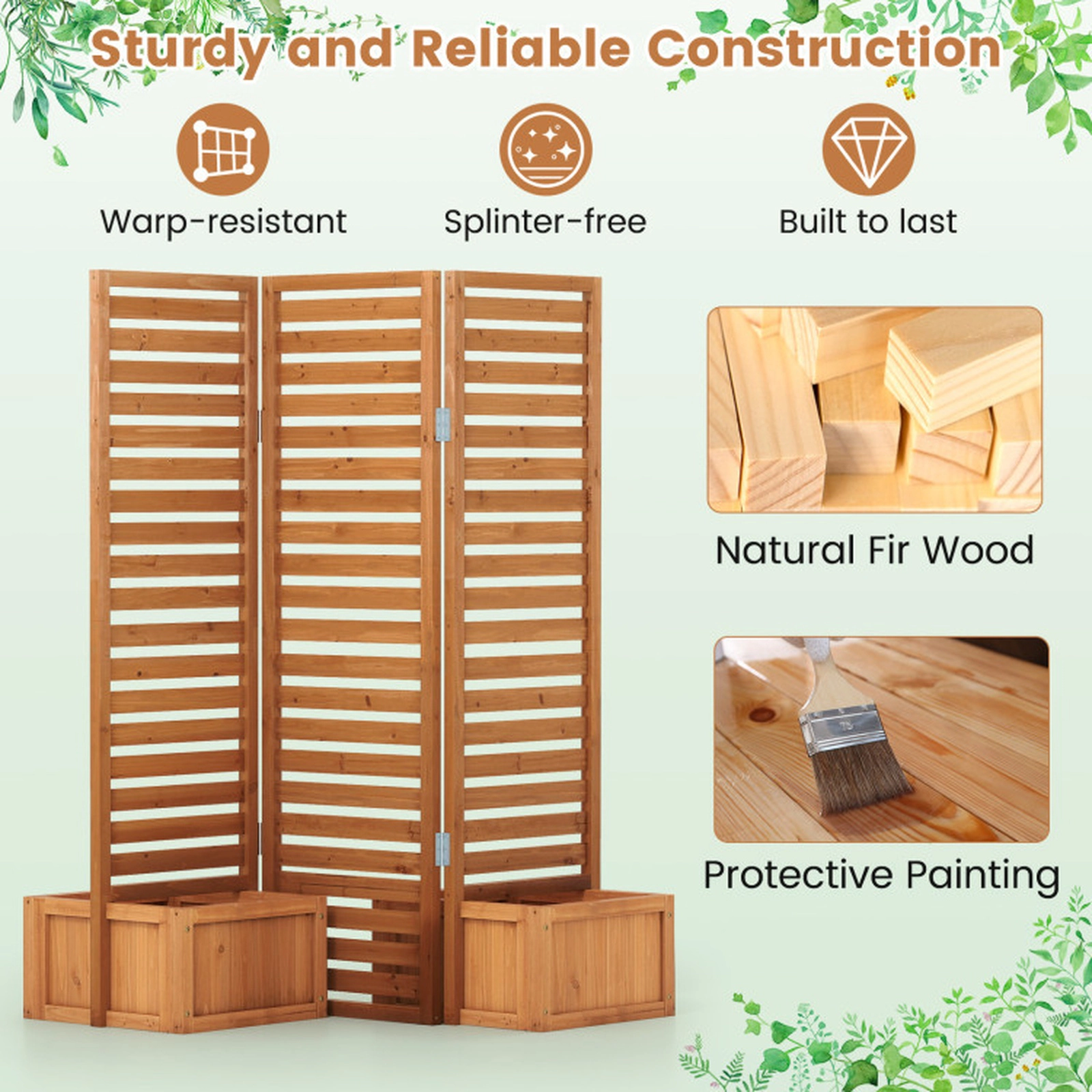 SUGIFT 3-Panel Yellow Fir Wood Garden Privacy Fence with 2 Self-Draining Planter Boxes 62-in W 20-in D 66-in H