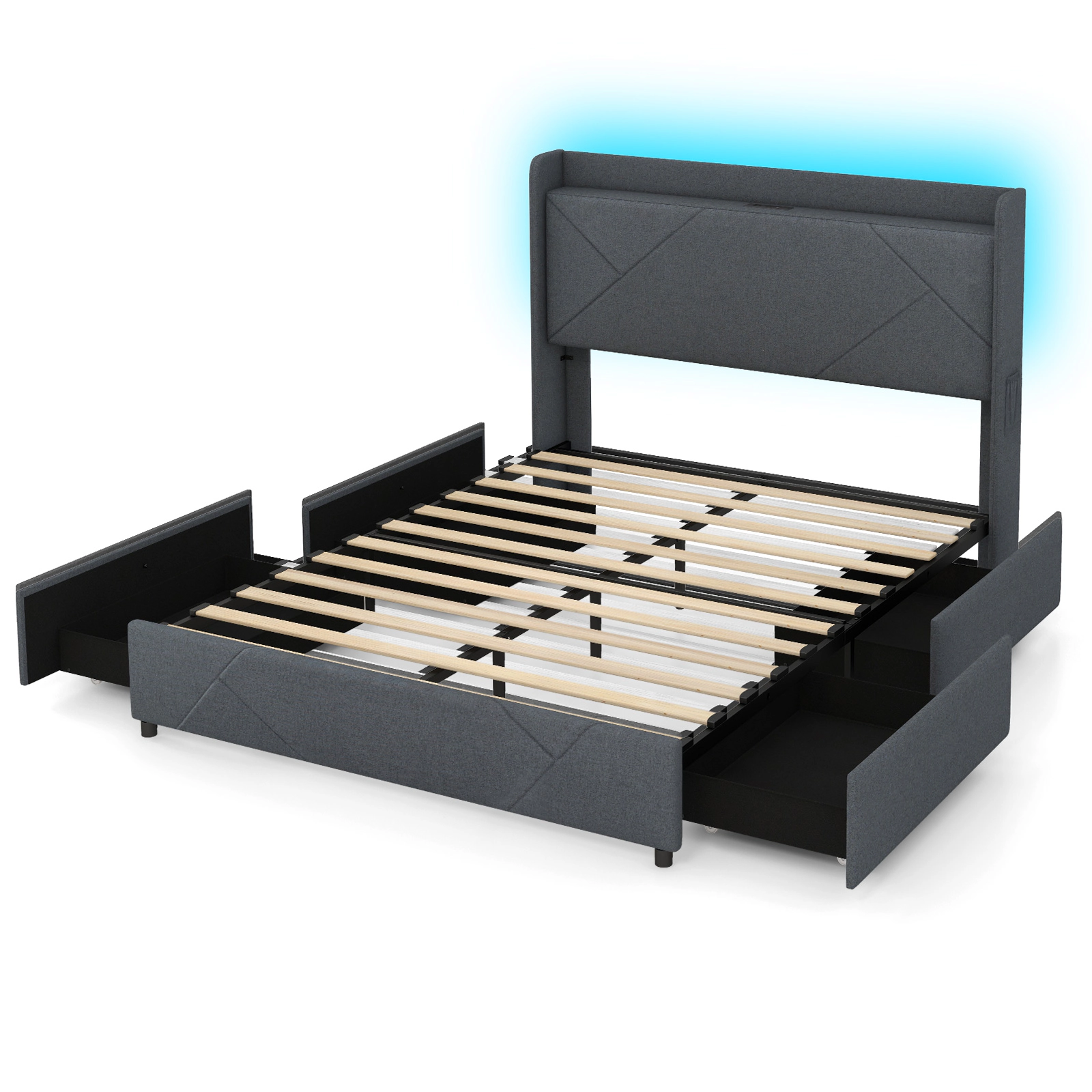 LJG Full/Queen Size Bed Frame with LED Lights and Charging Station