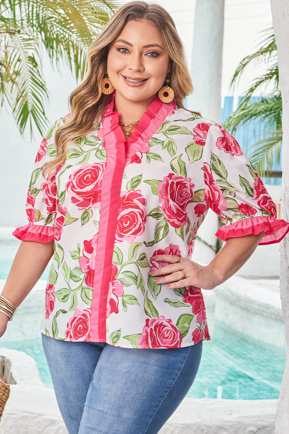 Threaded Pear Women's Elise Plus Floral Frilled Stripes Blouse