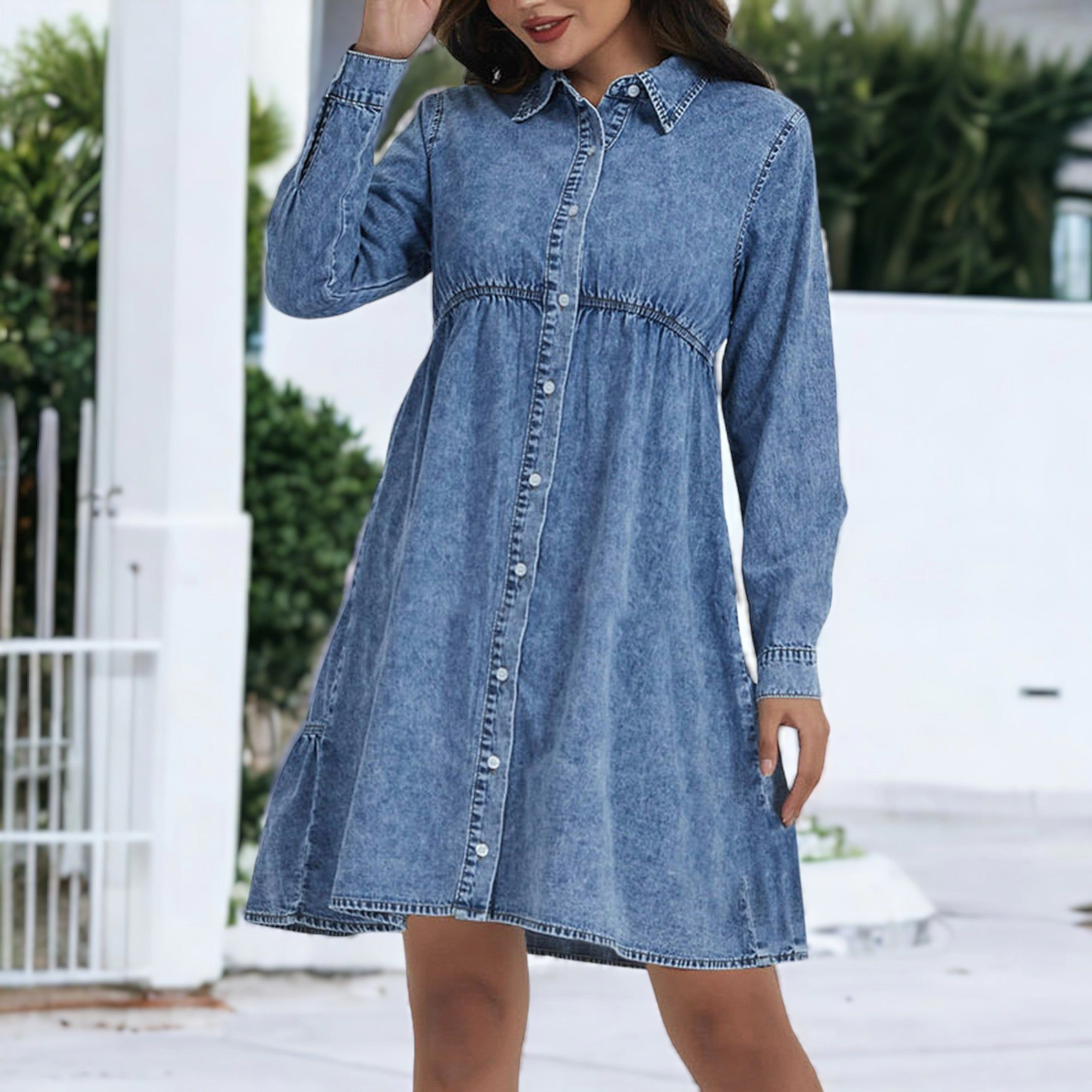 Anna-Kaci Women's Button Front Tiered Denim Shirt Dress