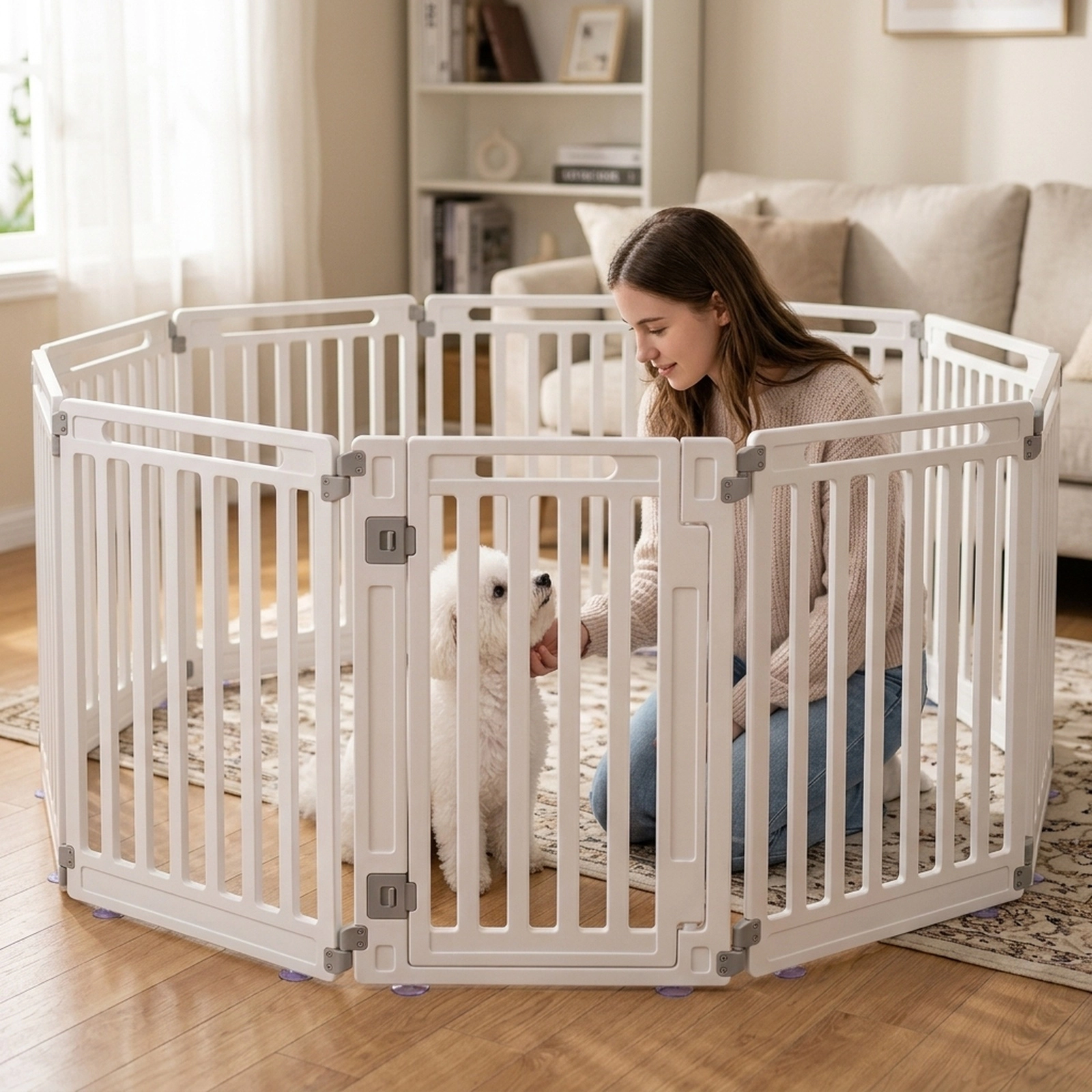 SUGIFT 10-Panel 31.5-in Height Indoor Outdoor Pet Gate Playpen with Rotating Panels and Latching Door Black/White