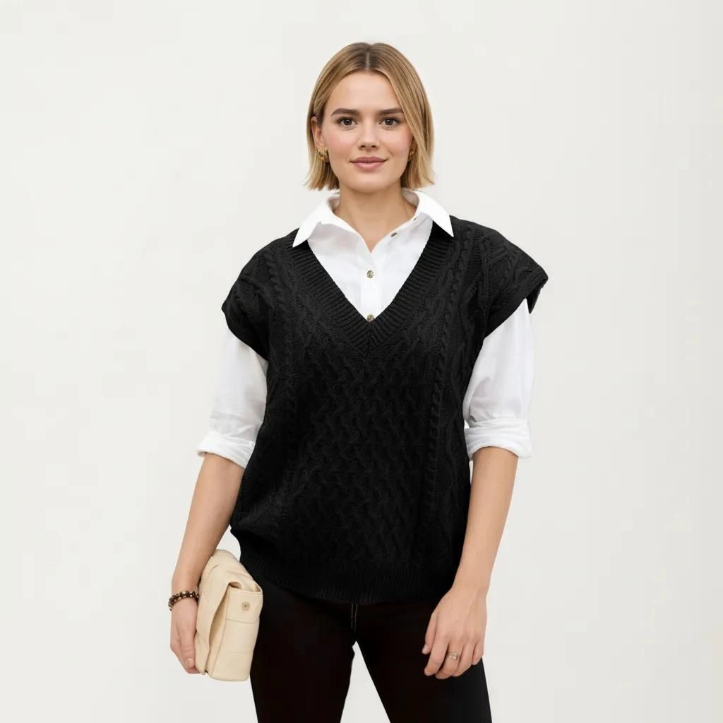 Anna-Kaci Women's Cable Knit Sleeveless Sweater Vest with V Neckline and Textured Pattern