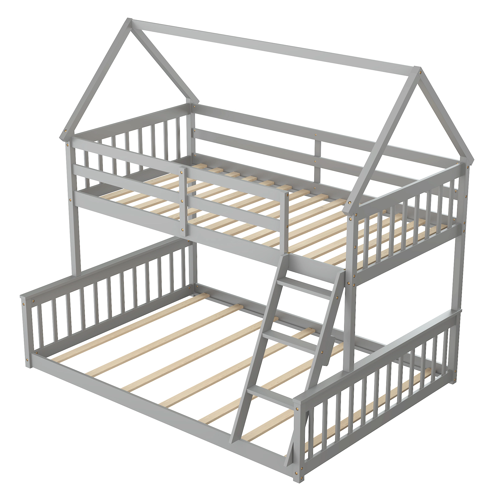 SUGIFT Gray Ladder Roof Frame and Guardrails Twin Over Full Kids House Bunk Bed
