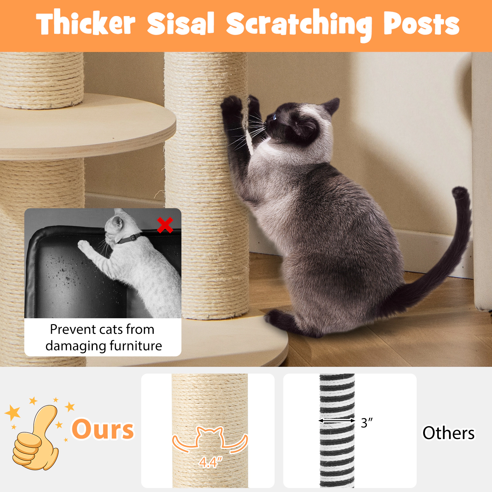 SUGIFT 59-in Tall 5-Level Wooden Cat Tree with 4.4-in Sisal Posts Fence Perch and Washable Hammock