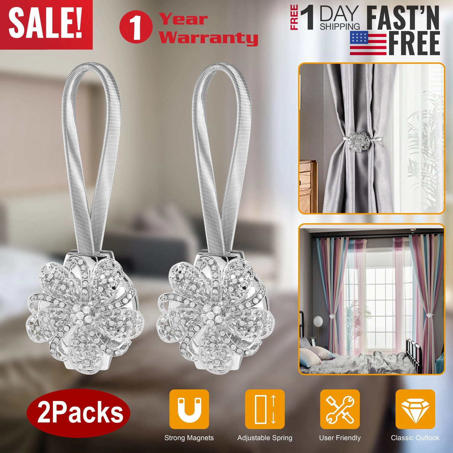 GBruno 2-Piece Magnetic Floral Curtain Tiebacks