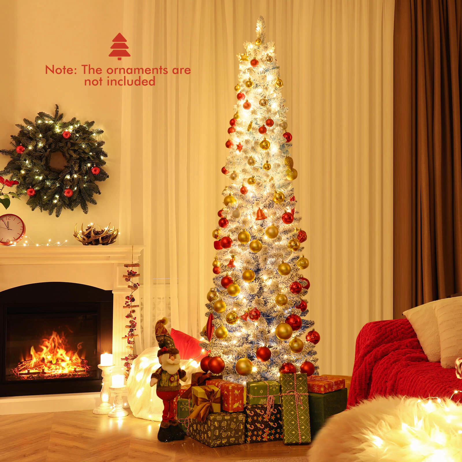 Costway 6/7 FT Snow-flocked Artificial Christmas Tree with 220/290 Warm LED Lights, 8 Modes