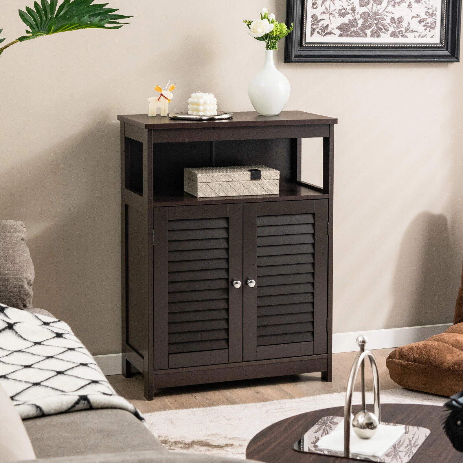 SUGIFT Double Shutter Door Open Shelf Freestanding Bathroom Floor Cabinet 23.5-in x 12-in x 31.5-in 77-lb Top Brown