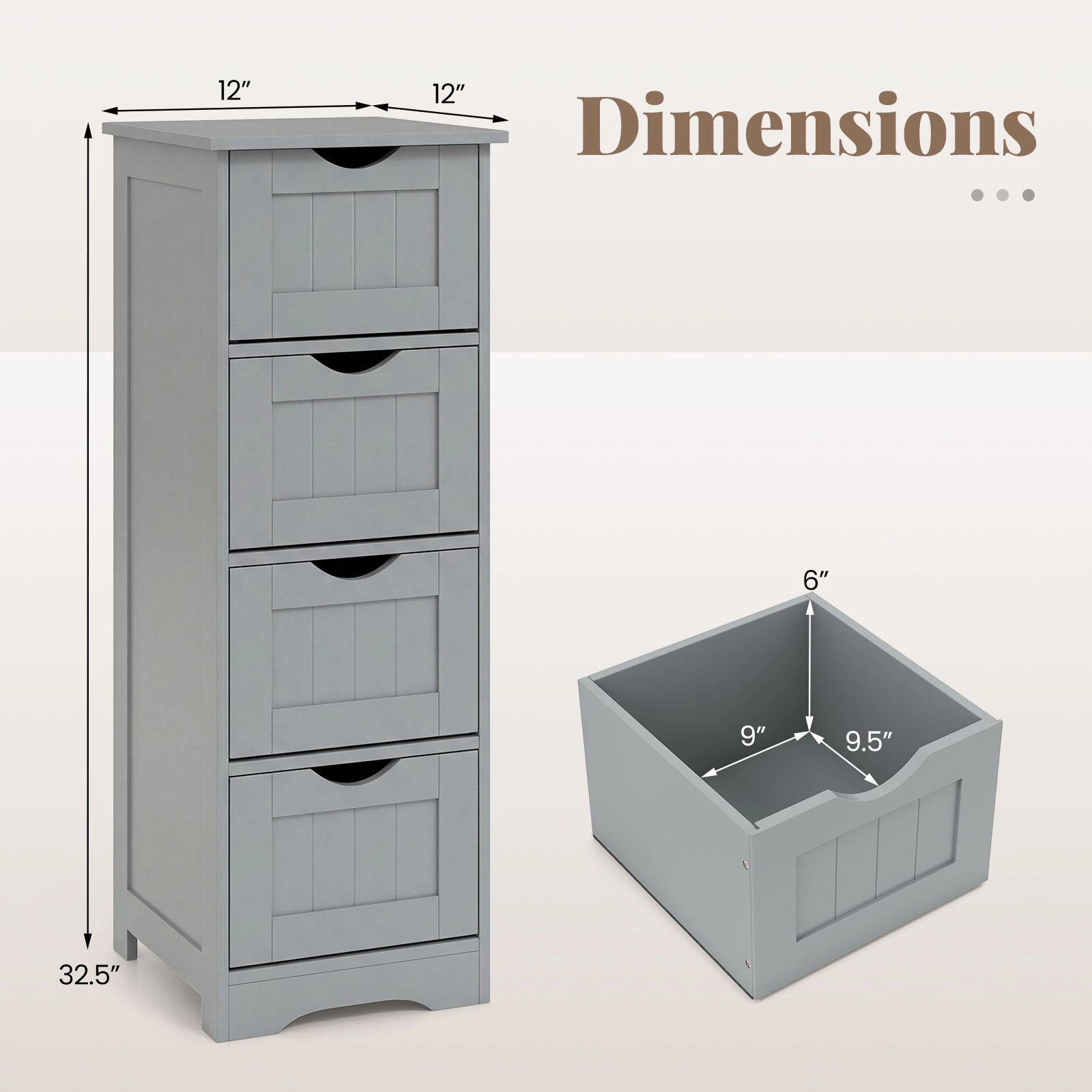 SlickBlue Narrow Bathroom Floor Cabinet with 4 Drawers, Gray