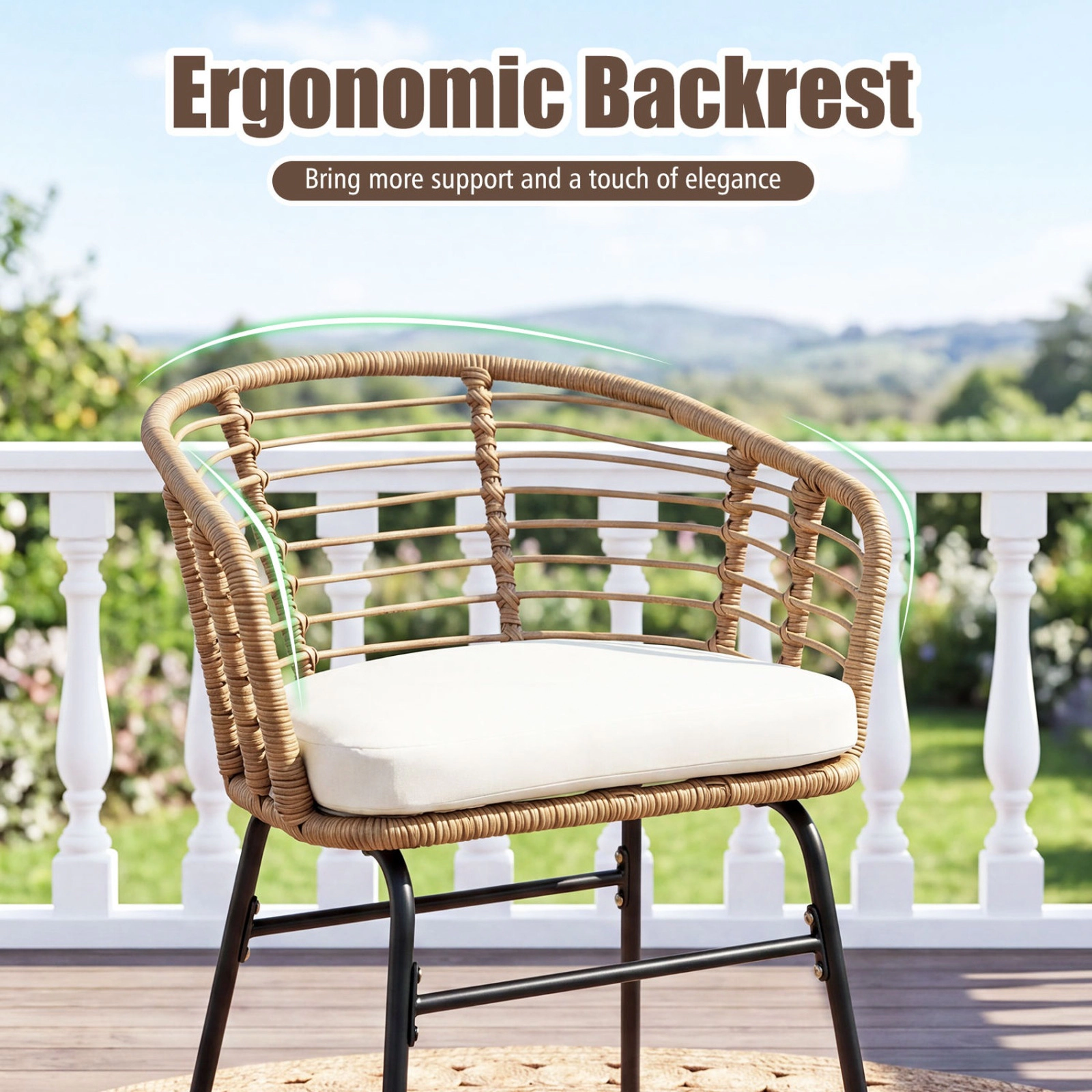 SUGIFT 3-Piece Natural Outdoor Wicker Bistro Set with Round Glass Table and Cushions