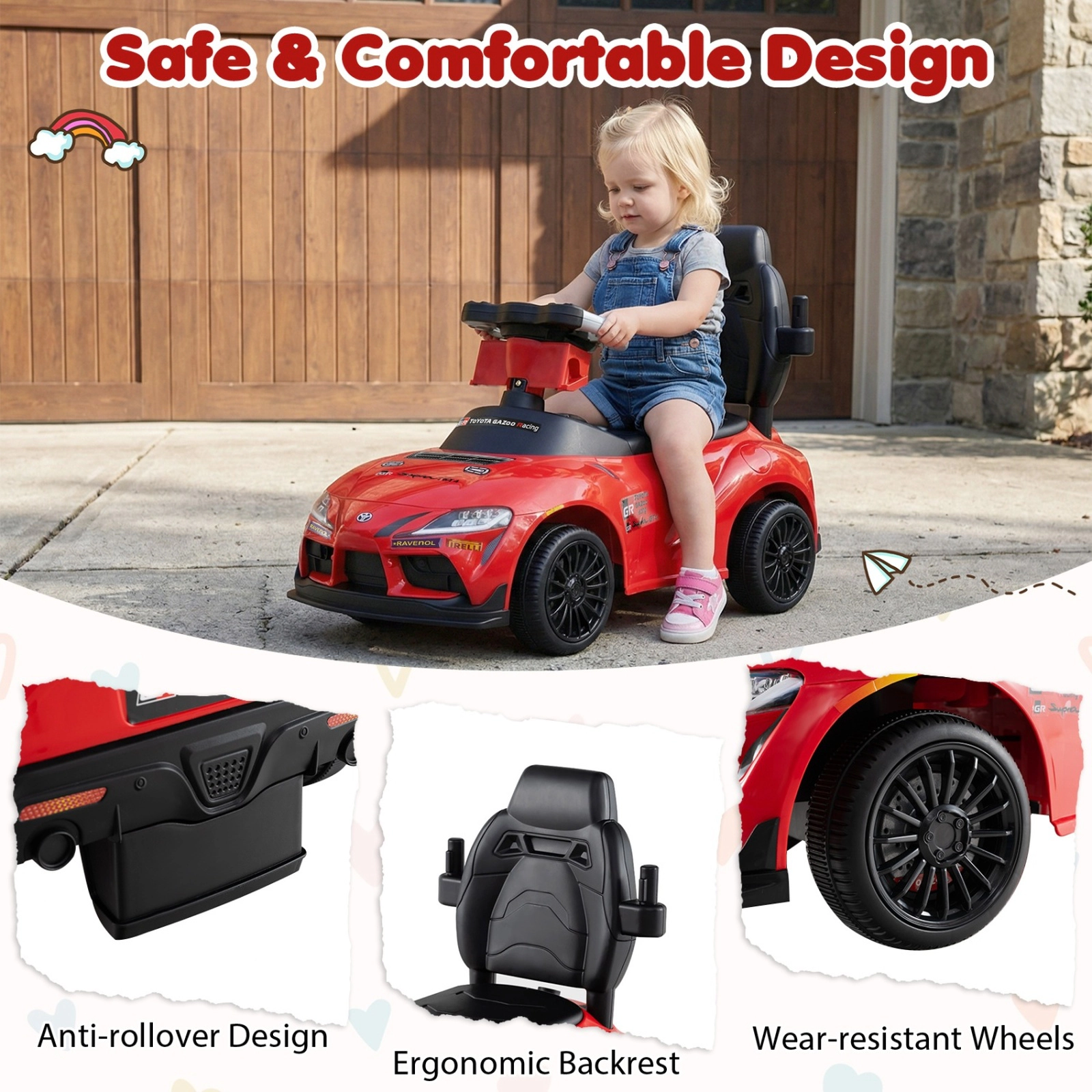 SUGIFT Red Toddler 3-in-1 Ride-On Push Car with Licensed Toyota Body Sliding and Walking Modes 44-lb Rider
