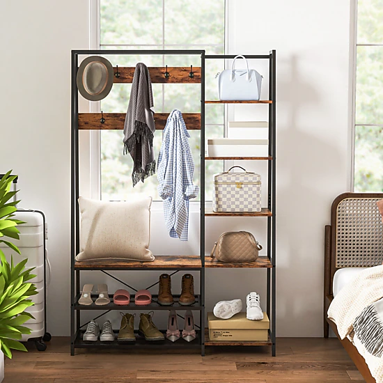 Glintex 5-in-1 Hall Tree with 9 Hooks 5 Side Shelves and 110-Lb Mesh Shelves, Rustic Brown