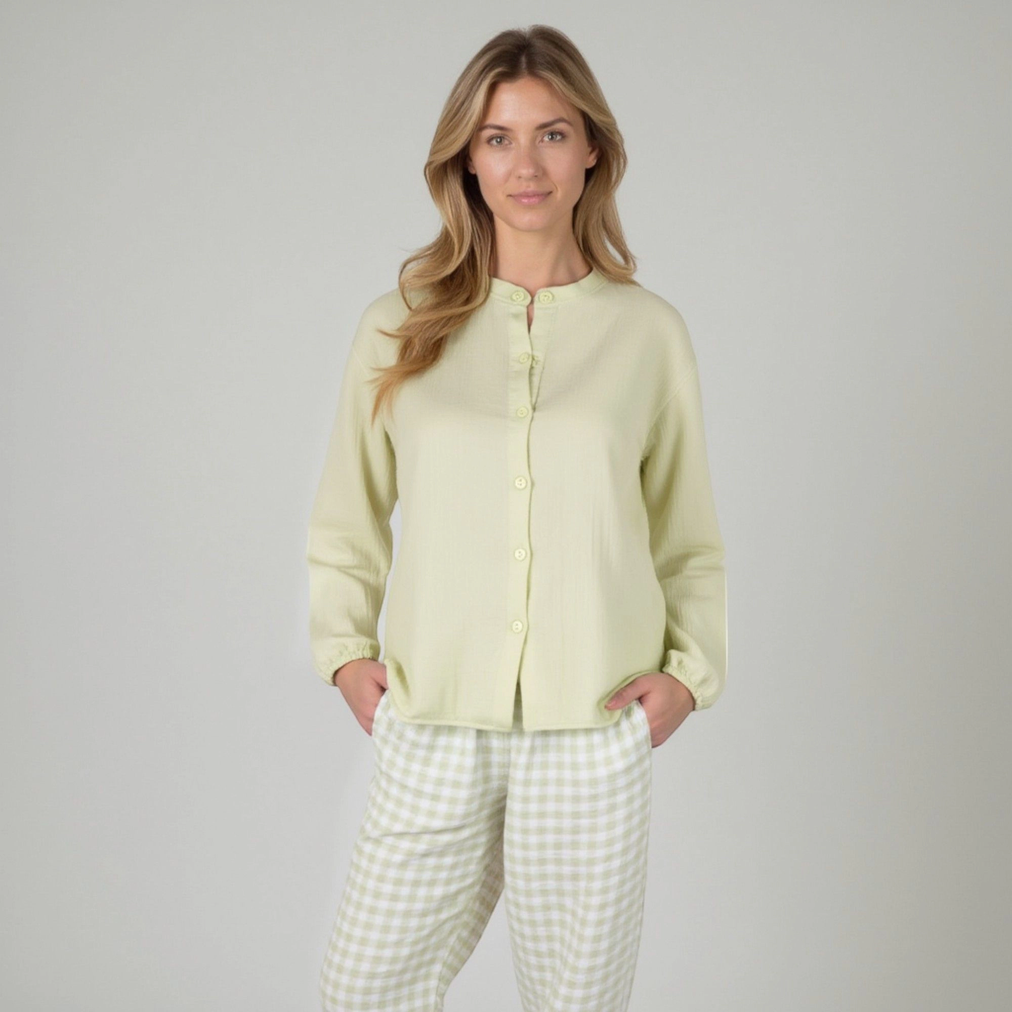 Anna-Kaci Women's Woven Pajama Set Long Sleeve Button Up Top Elastic Cuff Sleeves and Relaxed Gingham Print Lounge Pants