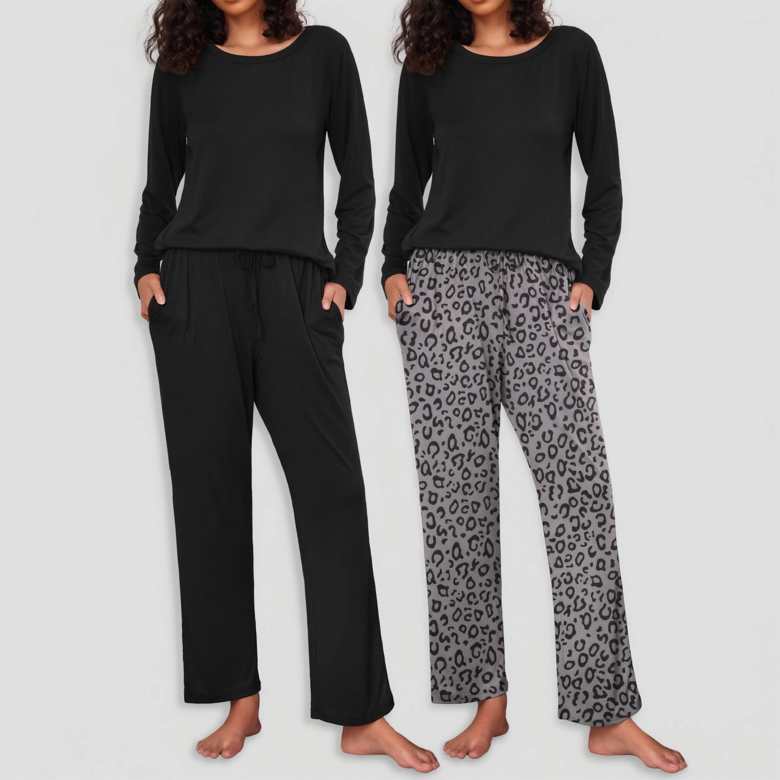Ekouaer Women's Crew Neck Long Sleeve Pajamas Set 2 Piece Loungewear