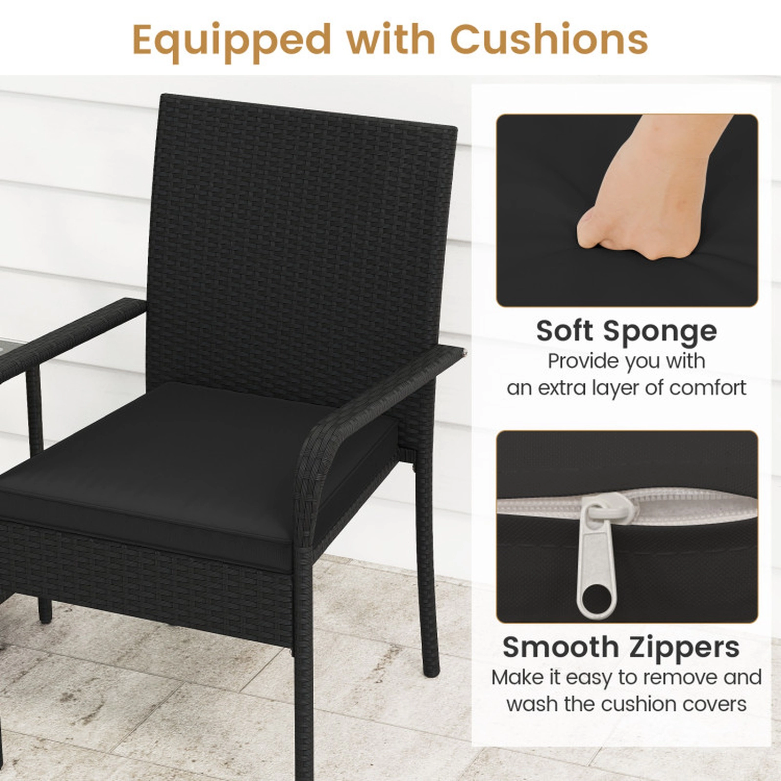 SUGIFT 3-Piece Black Patio Furniture Set with 2 Rattan Chairs and 2-Tier Side Table 400-lb Per Chair