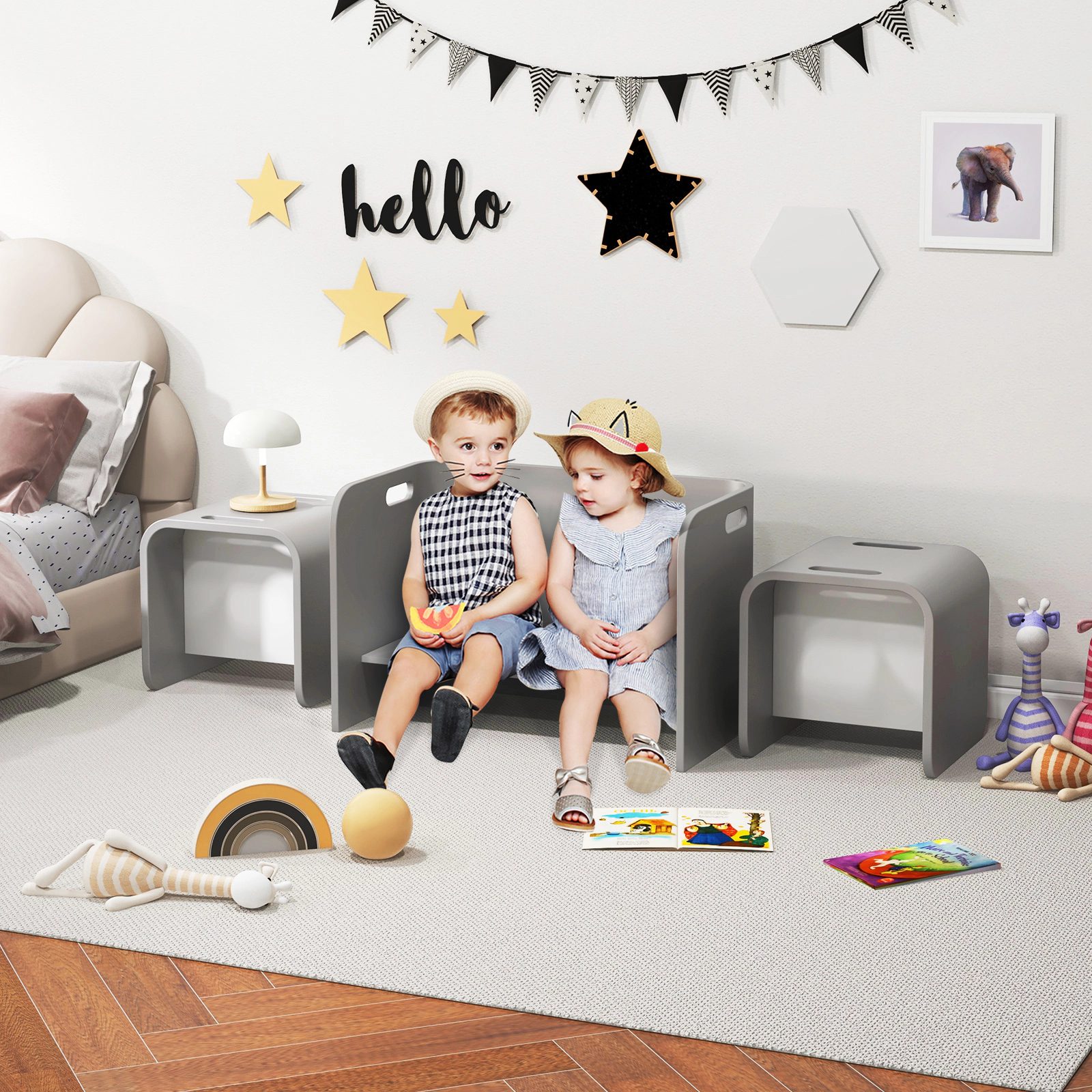 SUGIFT 3-Piece Kids Birchwood Table and Chair Set 220-lb Table 110-lb Chair Ages 2-9 Gray