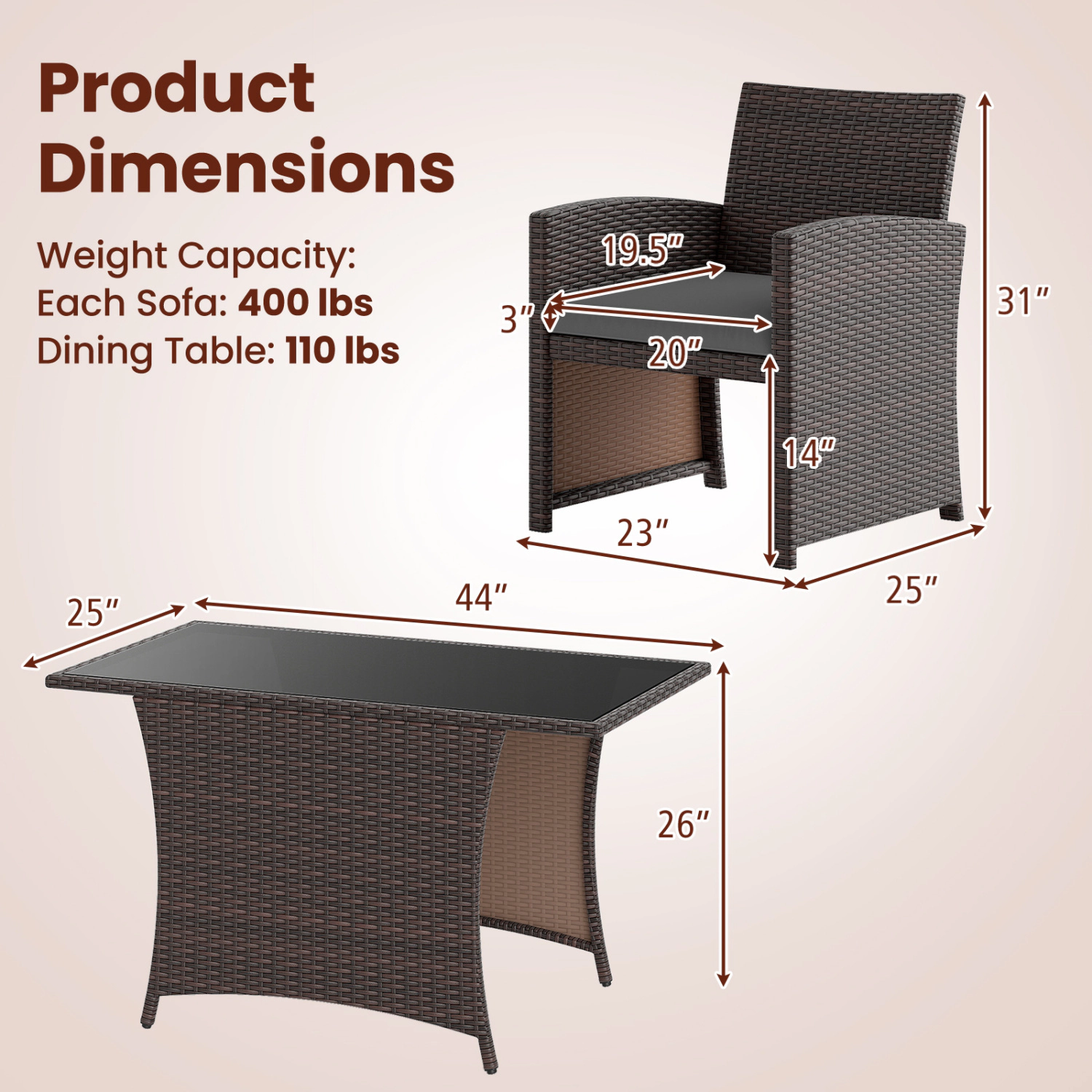 LJG 3 Piece Patio Wicker Dining Set with Rectangle Tempered Glass Table