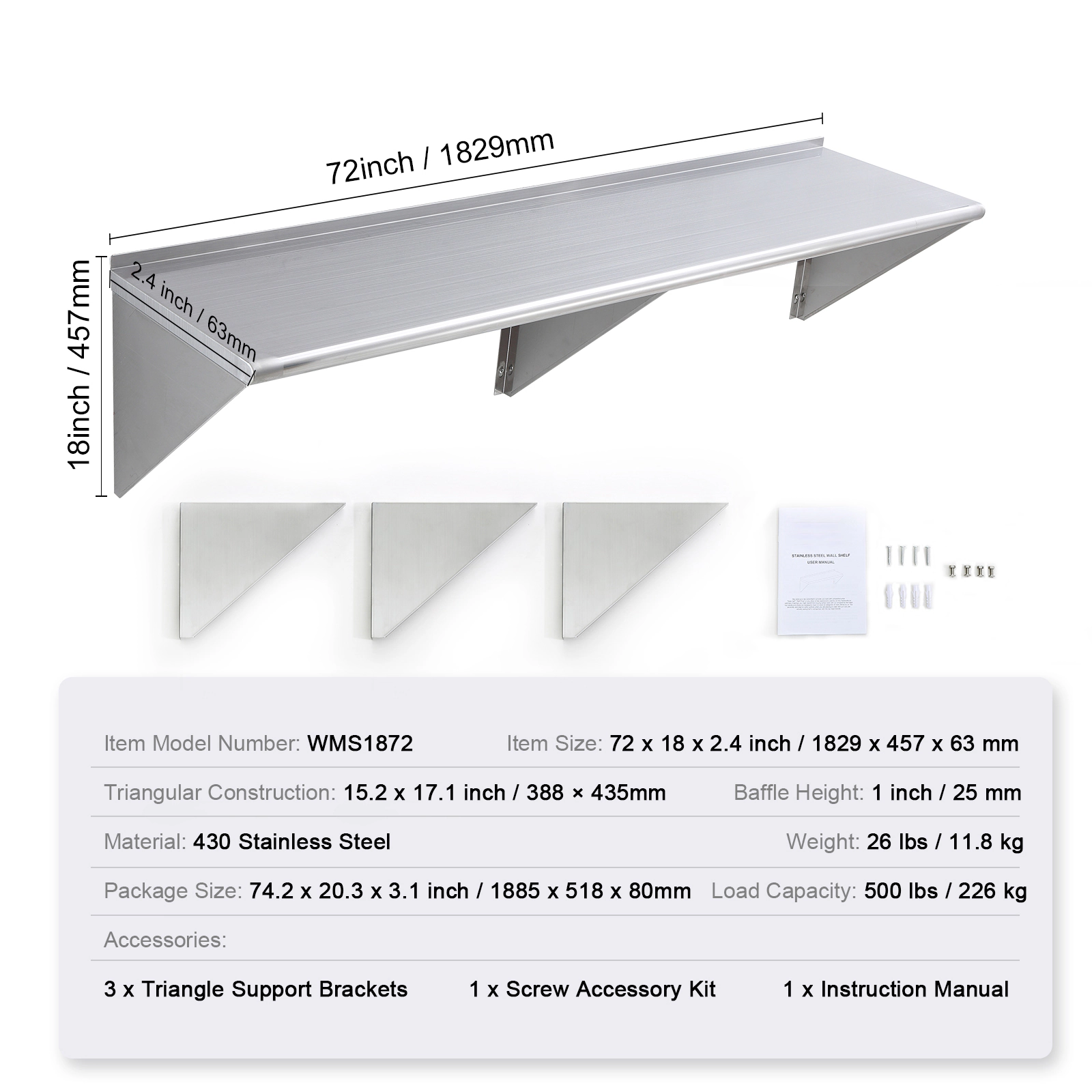 HONGGE Heavy Duty Stainless Steel Wall Mounted Floating Shelving with Brackets for Commercial Storage