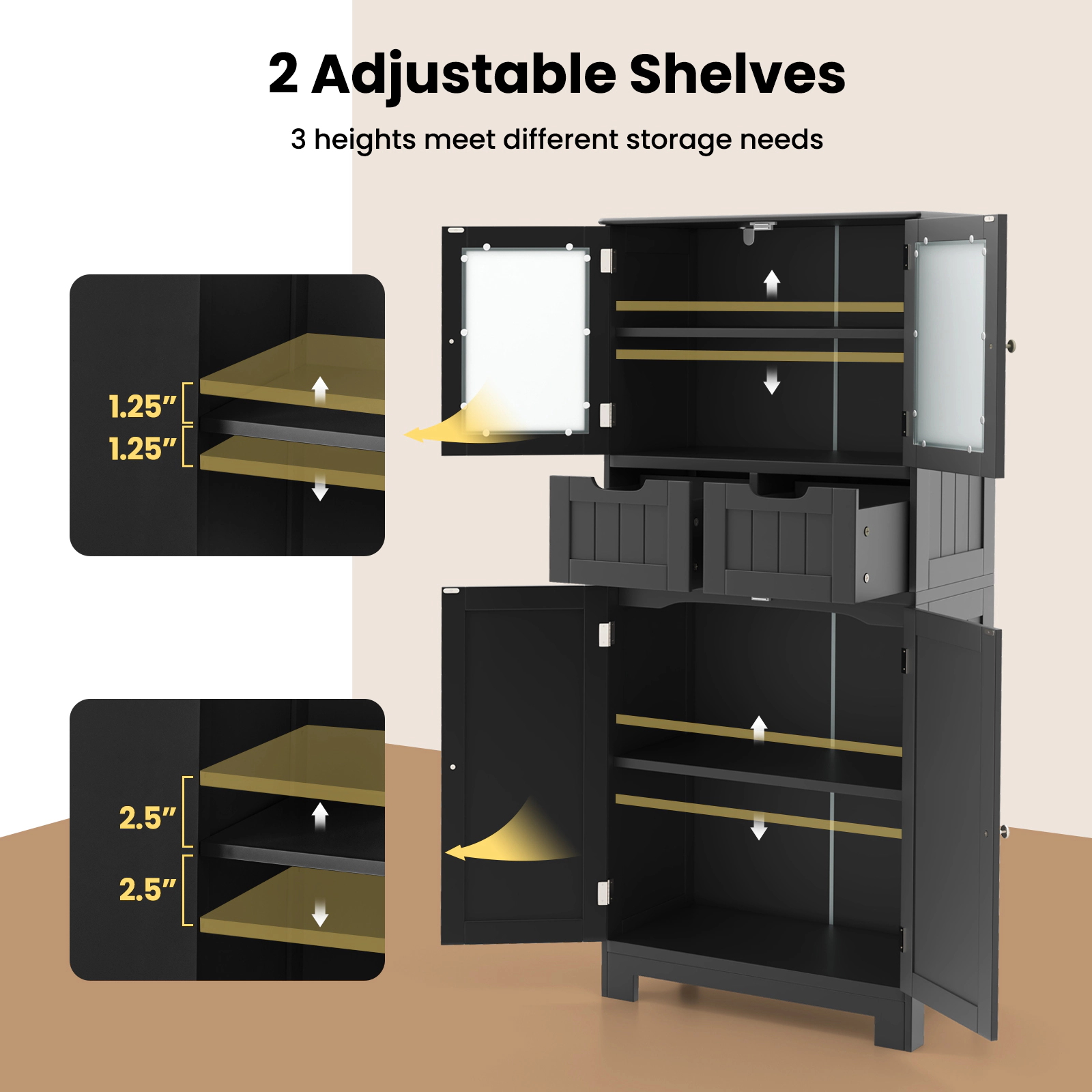 SUGIFT 4 Door Freestanding Bathroom Floor Storage Cabinet with 2 Drawers and Glass Doors 33-lb Shelf Capacity Black