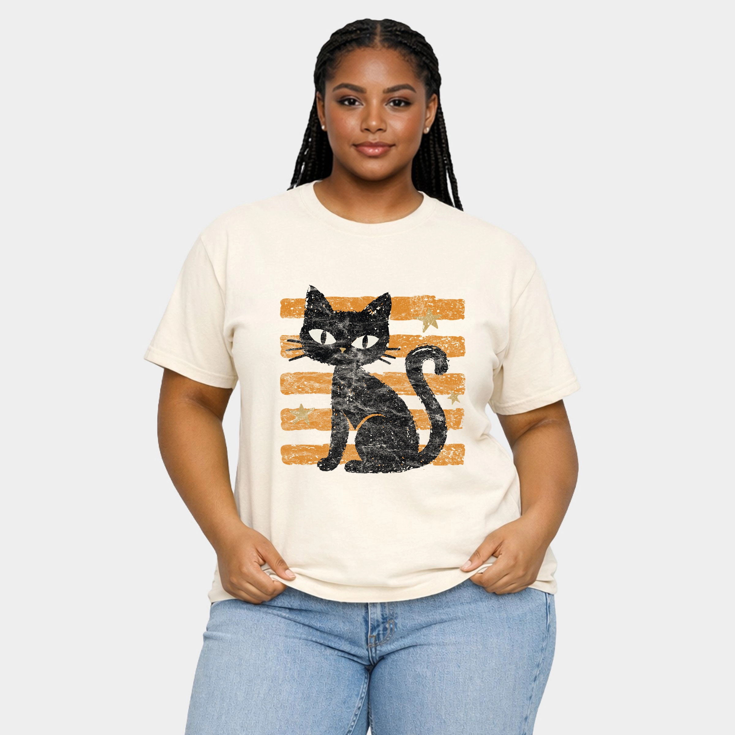Simply Sage Market - Women's Plus Sized Garment Dyed Graphic T-Shirt Black Cat Orange Stripes
