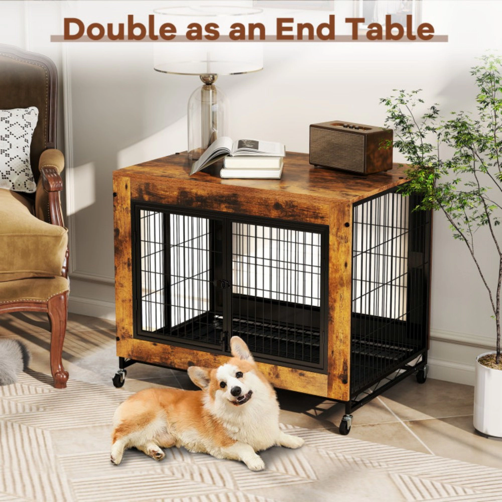 SUGIFT Industrial Dog Kennel Pet Crate Flip-Up Top 3 Lockable Doors Tray 132-lb Capacity 66-lb Top Rustic Brown
