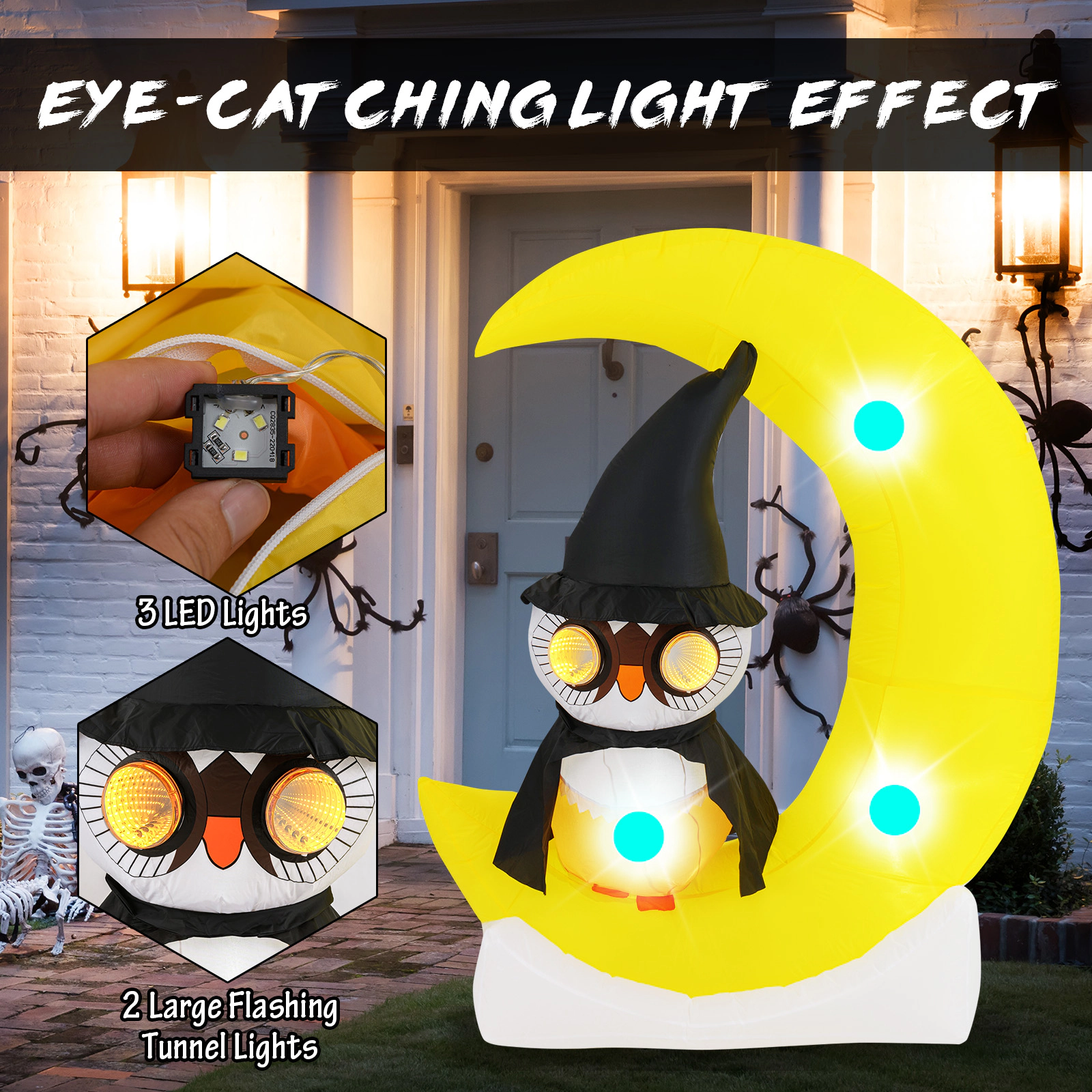 Glintex Inflatable Owl on Crescent Moon with Tunnel Eye Lights and IP44 Rating, Multicolor