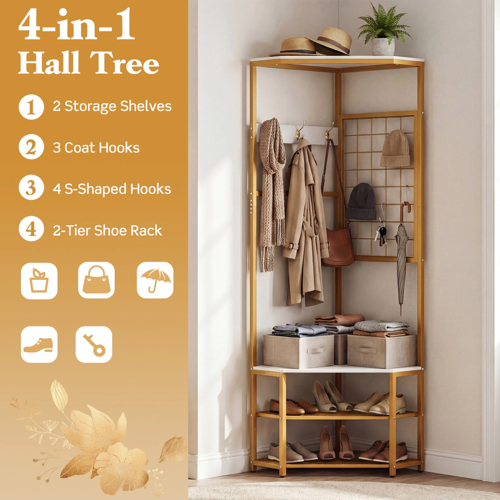 SUGIFT Right-Angle Corner Hall Tree Freestanding Coat Rack with Storage Shelves & Removable Hooks 220-lb Capacity White