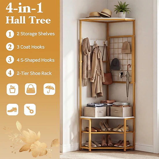 SUGIFT Right-Angle Corner Hall Tree Freestanding Coat Rack with Storage Shelves & Removable Hooks 220-lb Capacity White