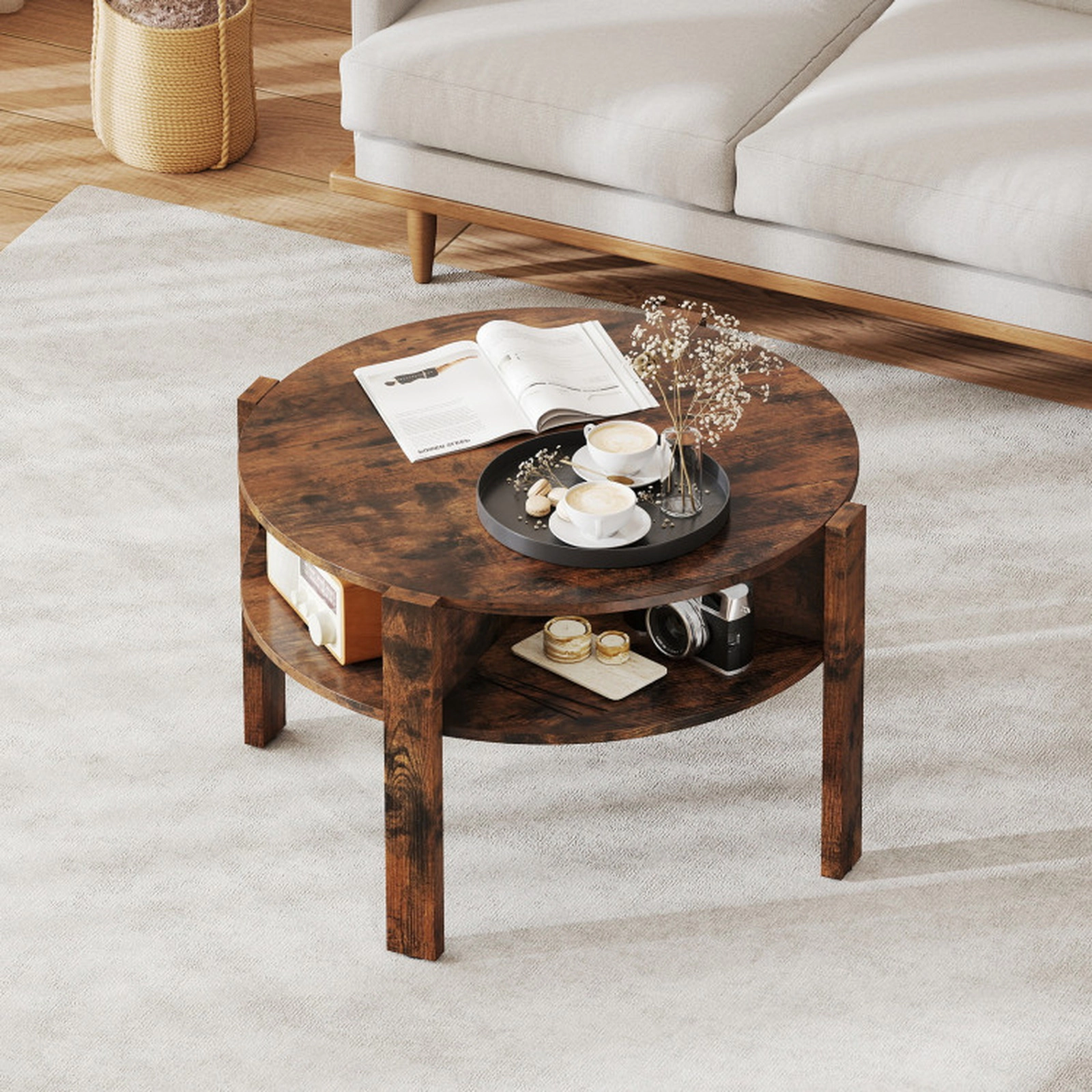 SUGIFT Round 27.5-in Top Side Storage Shelves Wood Coffee Table 29.5-in x 18-in 135-lb Capacity Rustic Brown