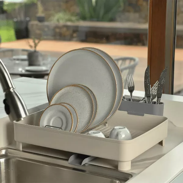 OU Dish Drying Rack with Drainage Spout, Nonslip Drainer Removable Cutlery Holder & Steel