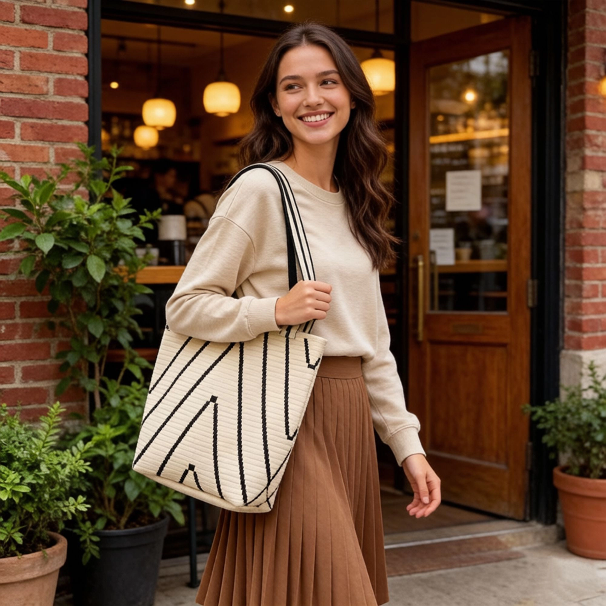 Alilang Womens Geometric Stripe Knit Tote Bag with Long Shoulder Straps, Coffee
