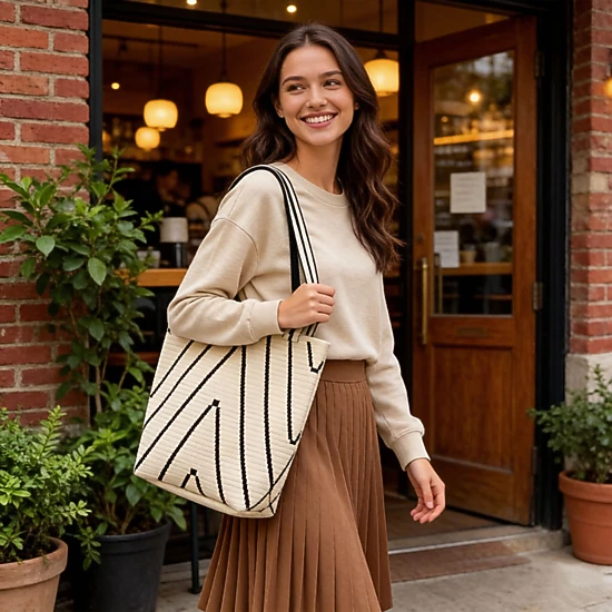 Alilang Womens Geometric Stripe Knit Tote Bag with Long Shoulder Straps, Coffee