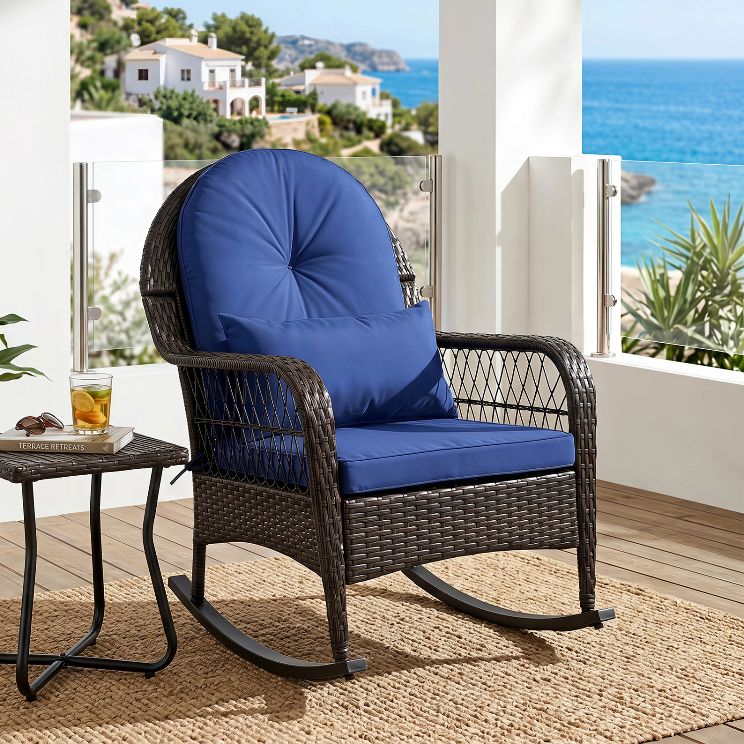 LJG Patio Rattan Rocking Chair with Seat Back Cushions and Waist Pillow