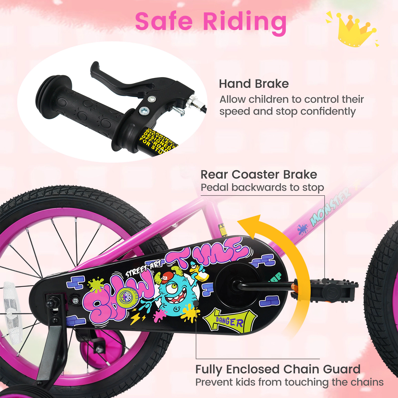 16-in Girls Bike with Training Wheels Tool-Free Seat Clamp and Sealed Chain Cover for Ages 4-7 Number Plate Kids Bicycle