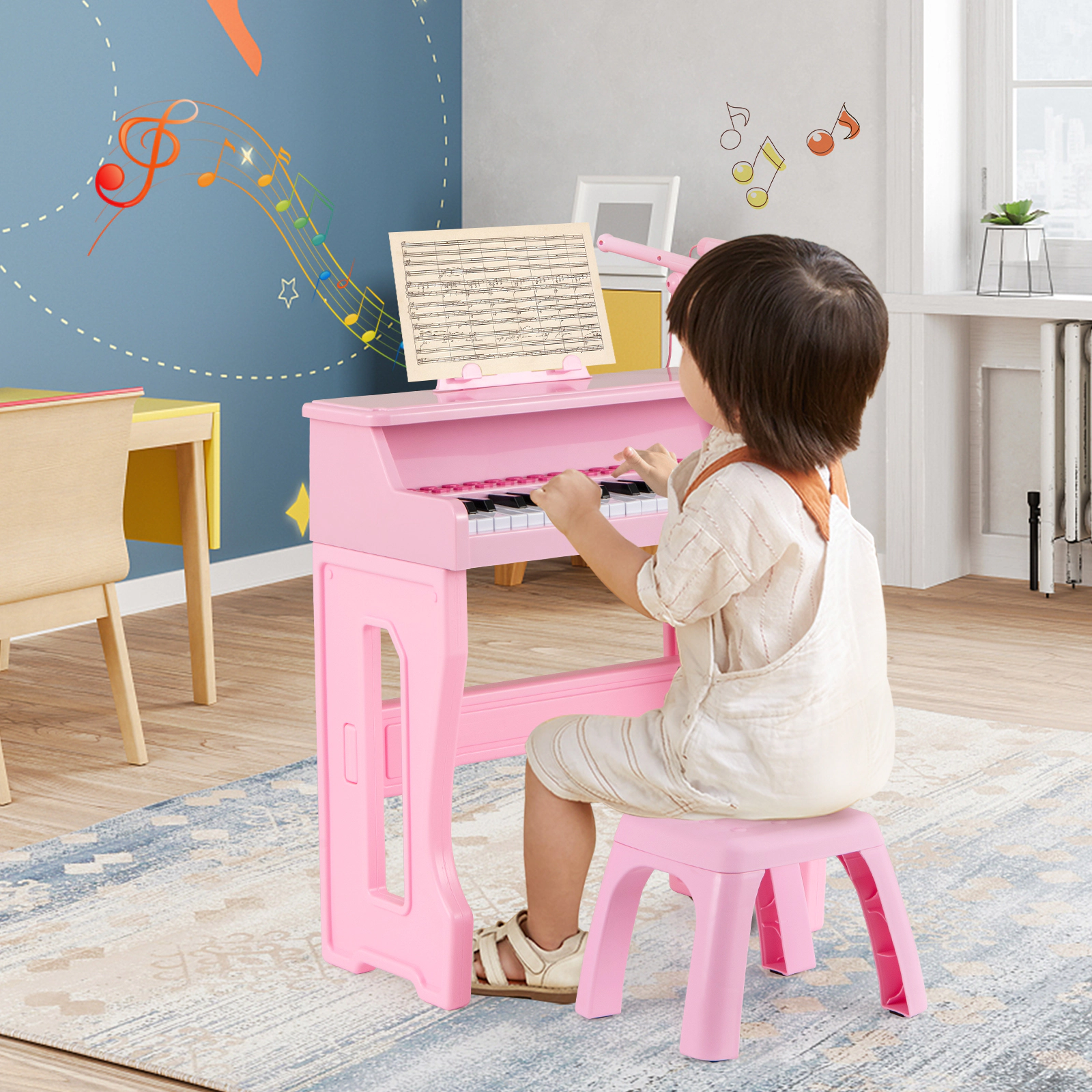 SUGIFT Kids Pink 37-Key Toy Piano Keyboard with Microphone and Stool 15.8-in W 8.9-in D 23.5-in H Ages 3+