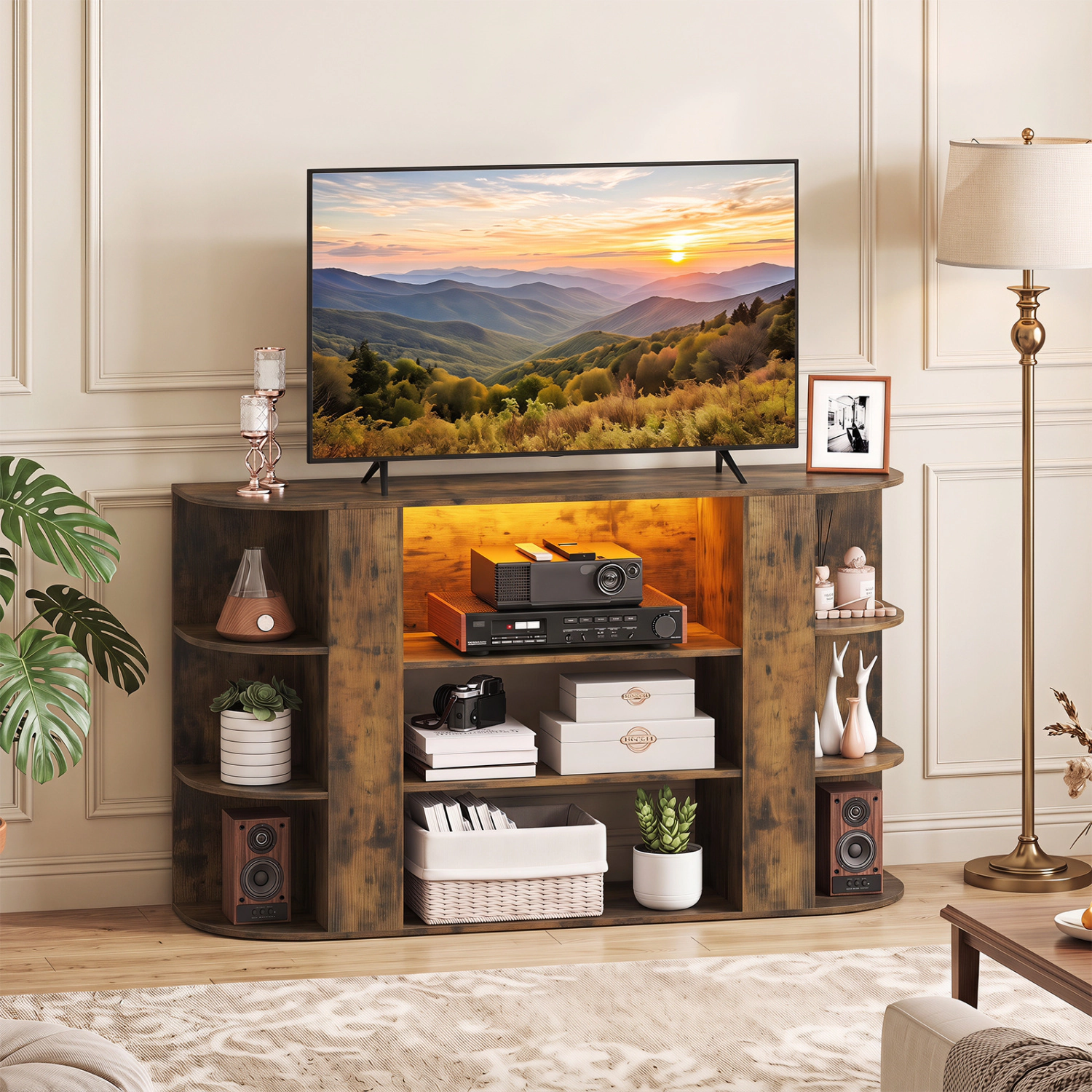 LJG 50 Inch TV Stand for 55 with RGB Lights Entertainment Center Adjustable and Removable Shelf