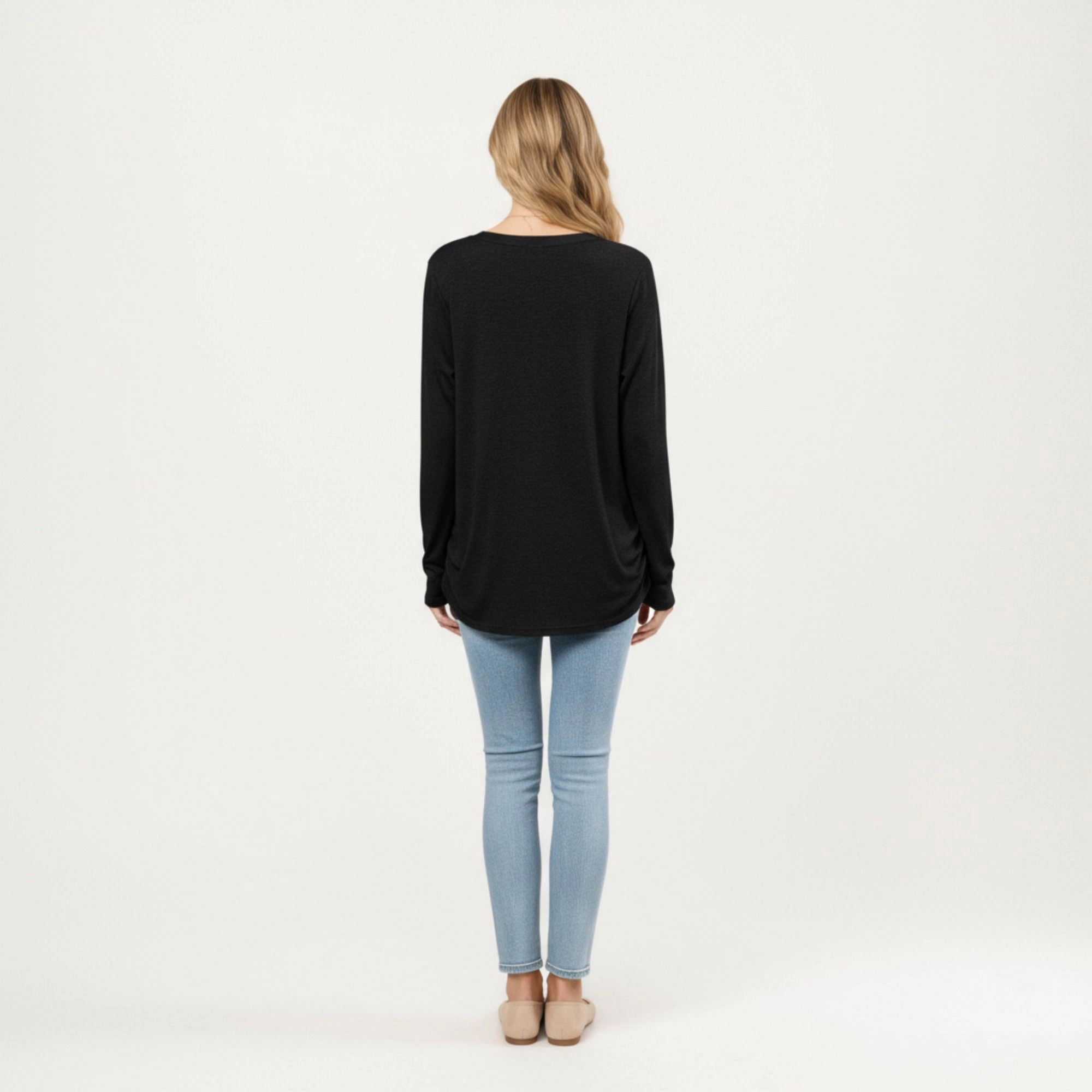 Anna-Kaci Women's V-Neck Ruched Side Relaxed Fit Long Sleeve Top
