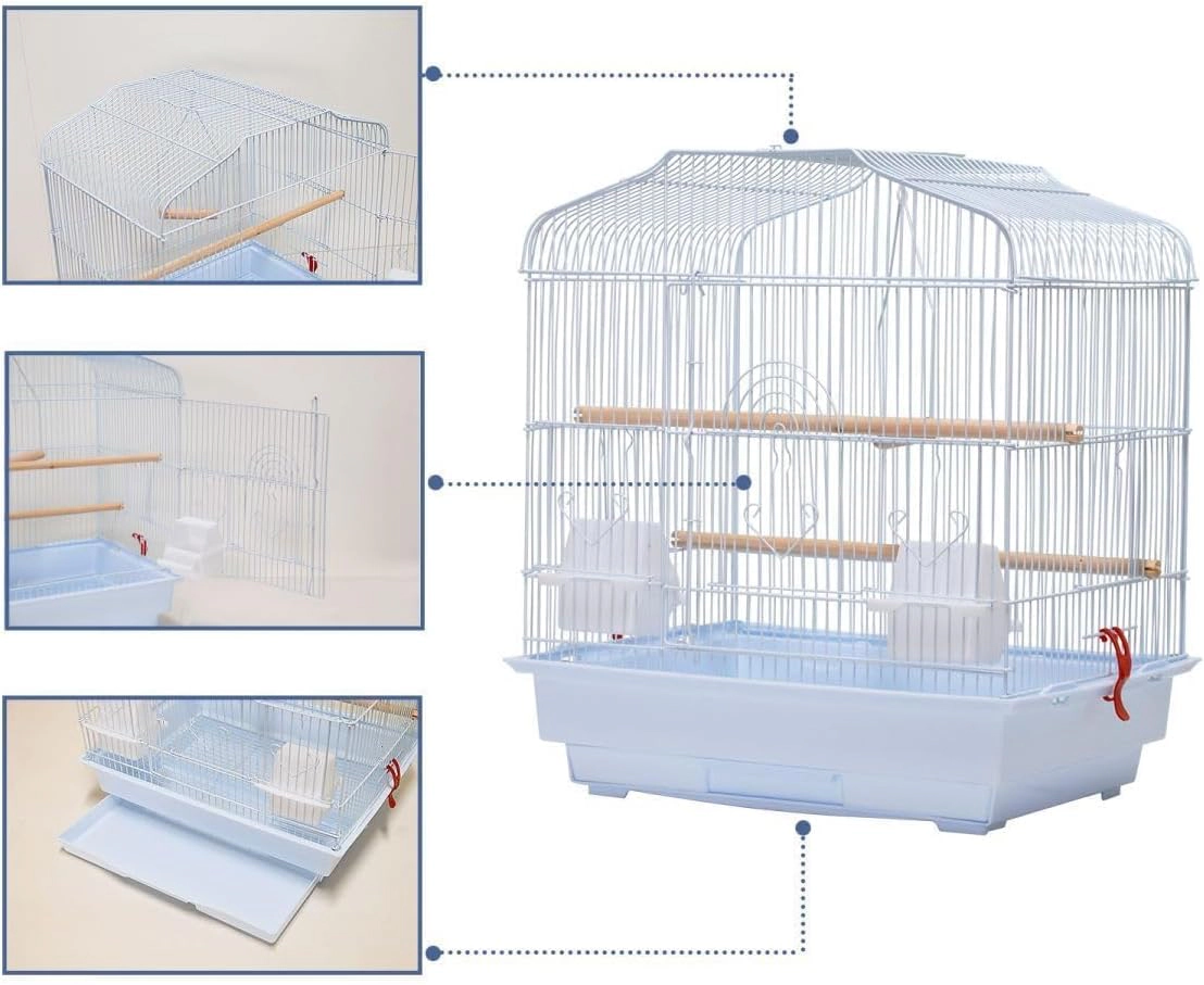 Portable Travel Metal Bird Cage, Lightweight Display Aviary for Budgie Cockatiel Small Parrots, White