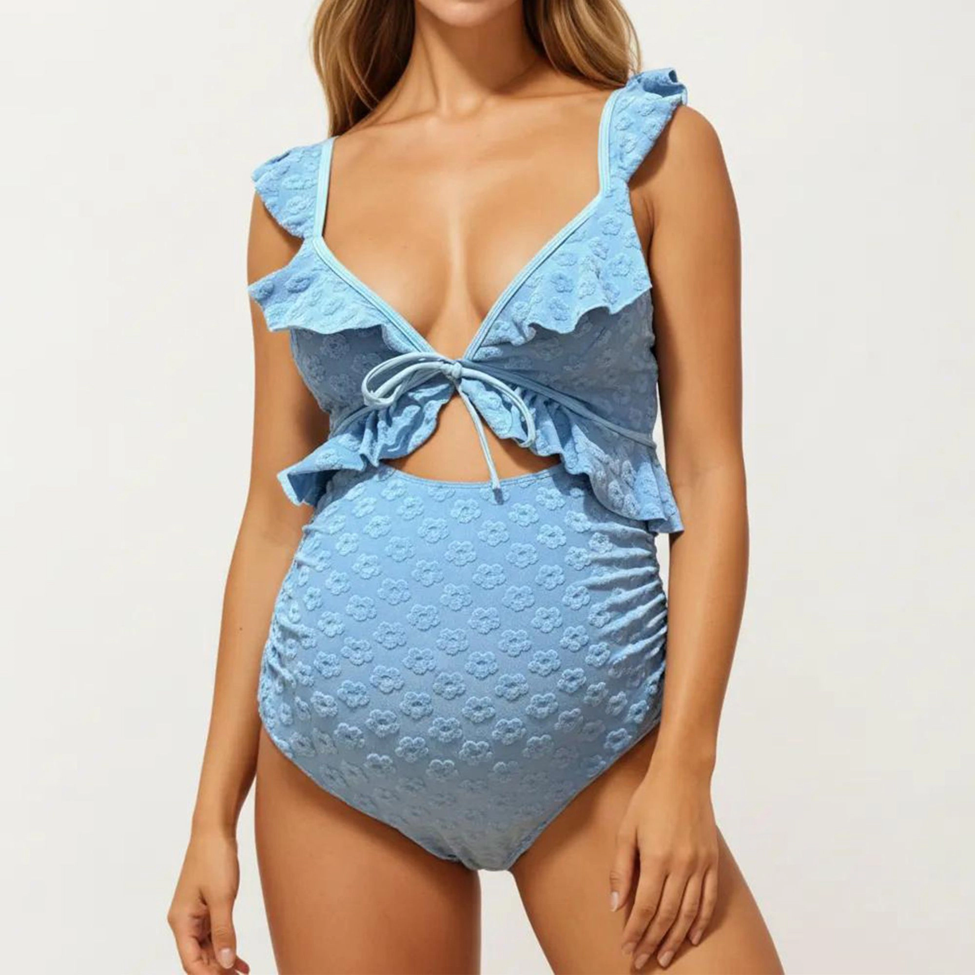 Anna-Kaci Women’s Maternity Ruffle One-Piece Swimsuit - Floral Texture, Front Tie, Blue