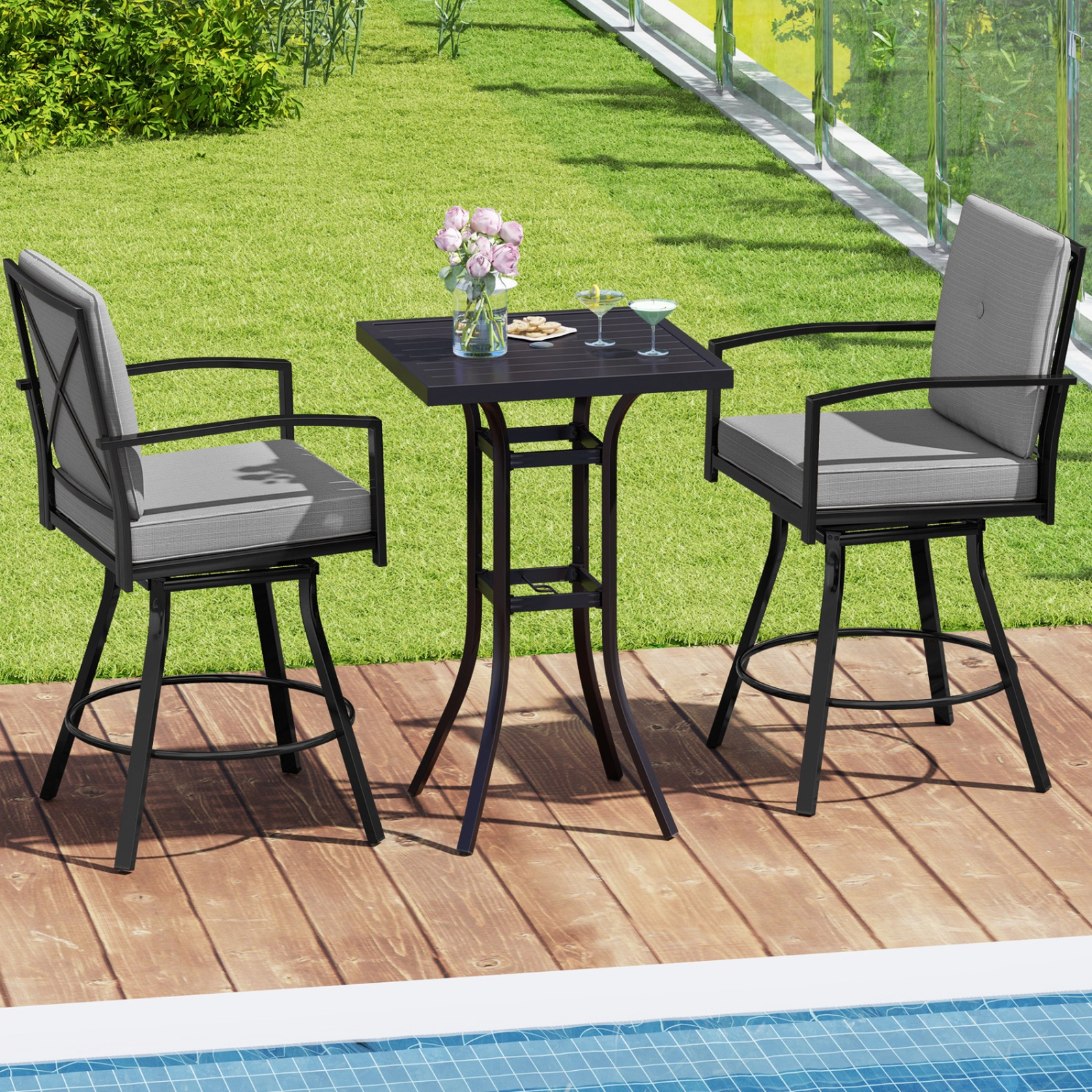 SUGIFT 3-Piece 360-Degree Swivel Stools Cushions Umbrella Hole Patio Bar Set 25-in x 25-in 180-lb Capacity Gray