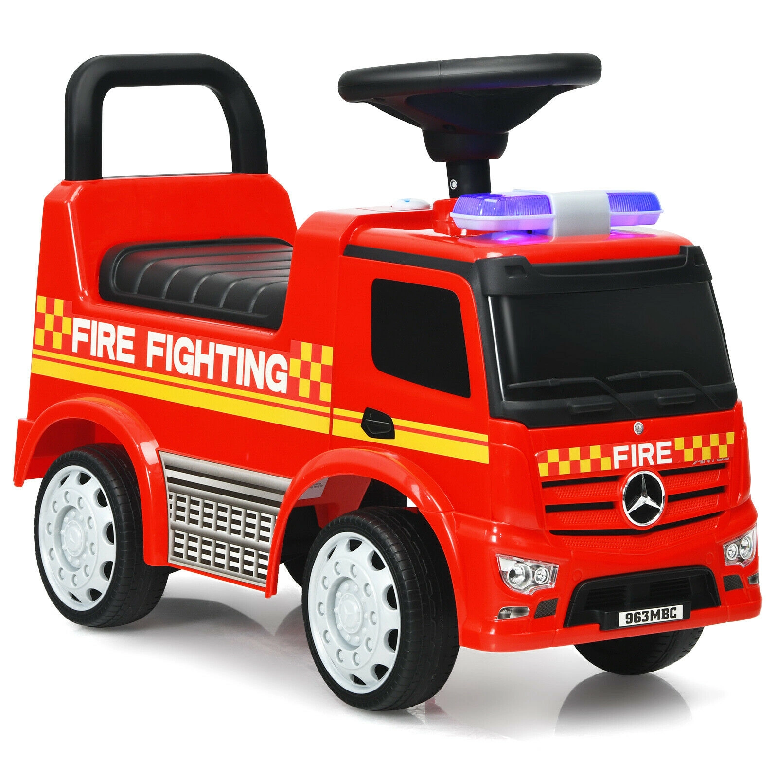 SUGIFT Licensed Mercedes Benz Kids Fire Engine Ride-On Push Car 55-lb Capacity Ages 12-36 Months Foot-to-Floor Red