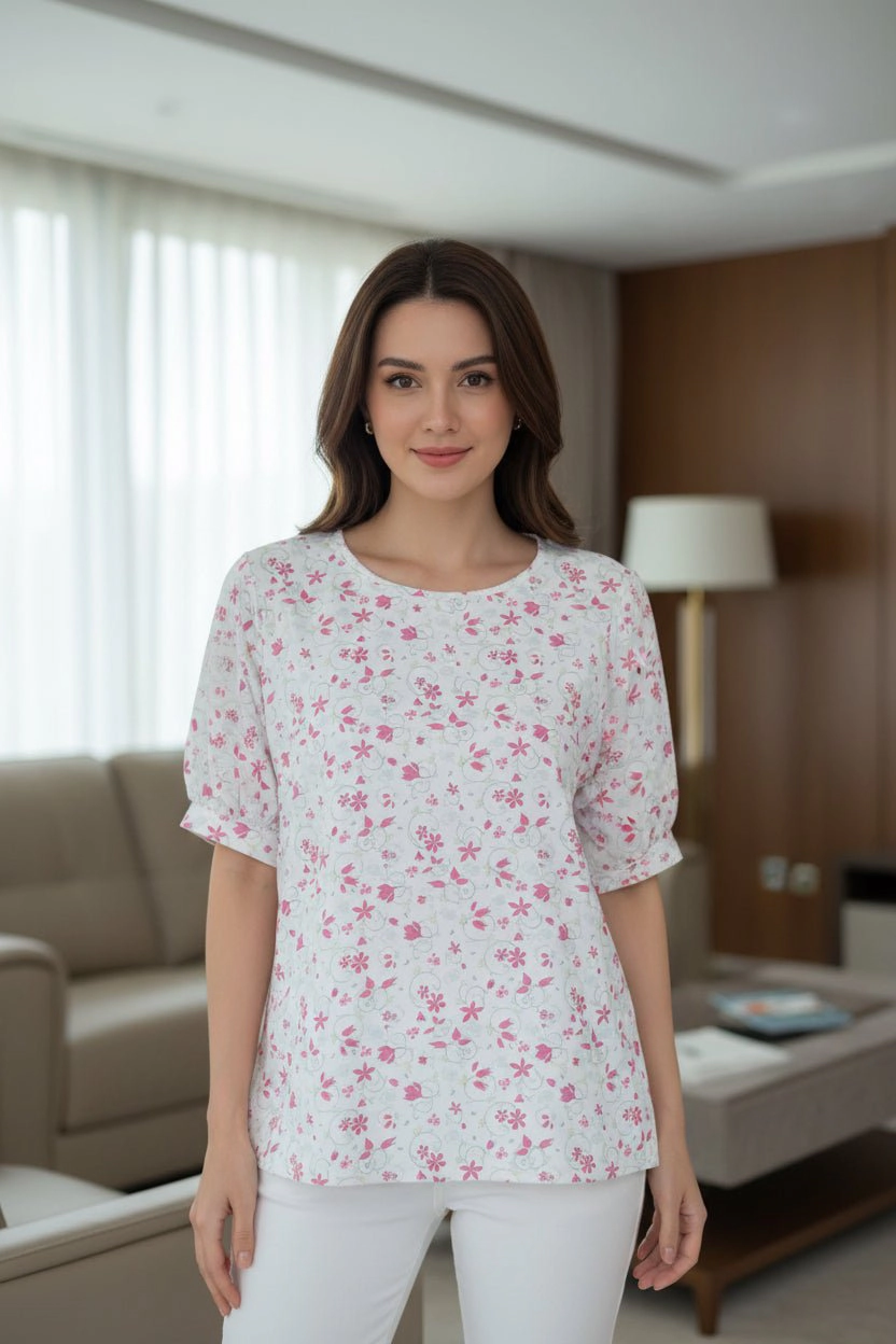 DressAtR Women's Pink Floral Round Neck Elbow Sleeve Back Button Blouse